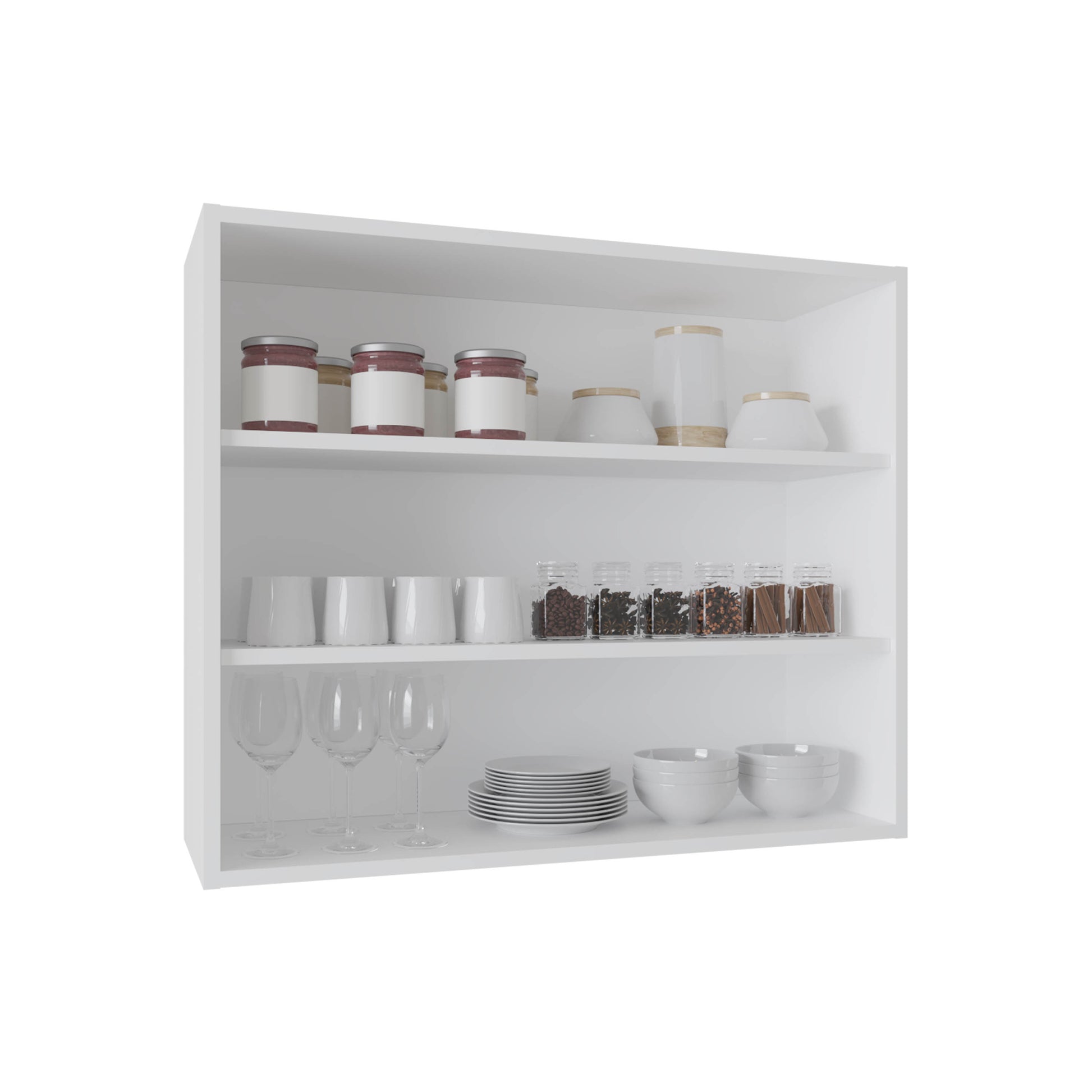 Three glass jars with red contents and white labels on a shelf
