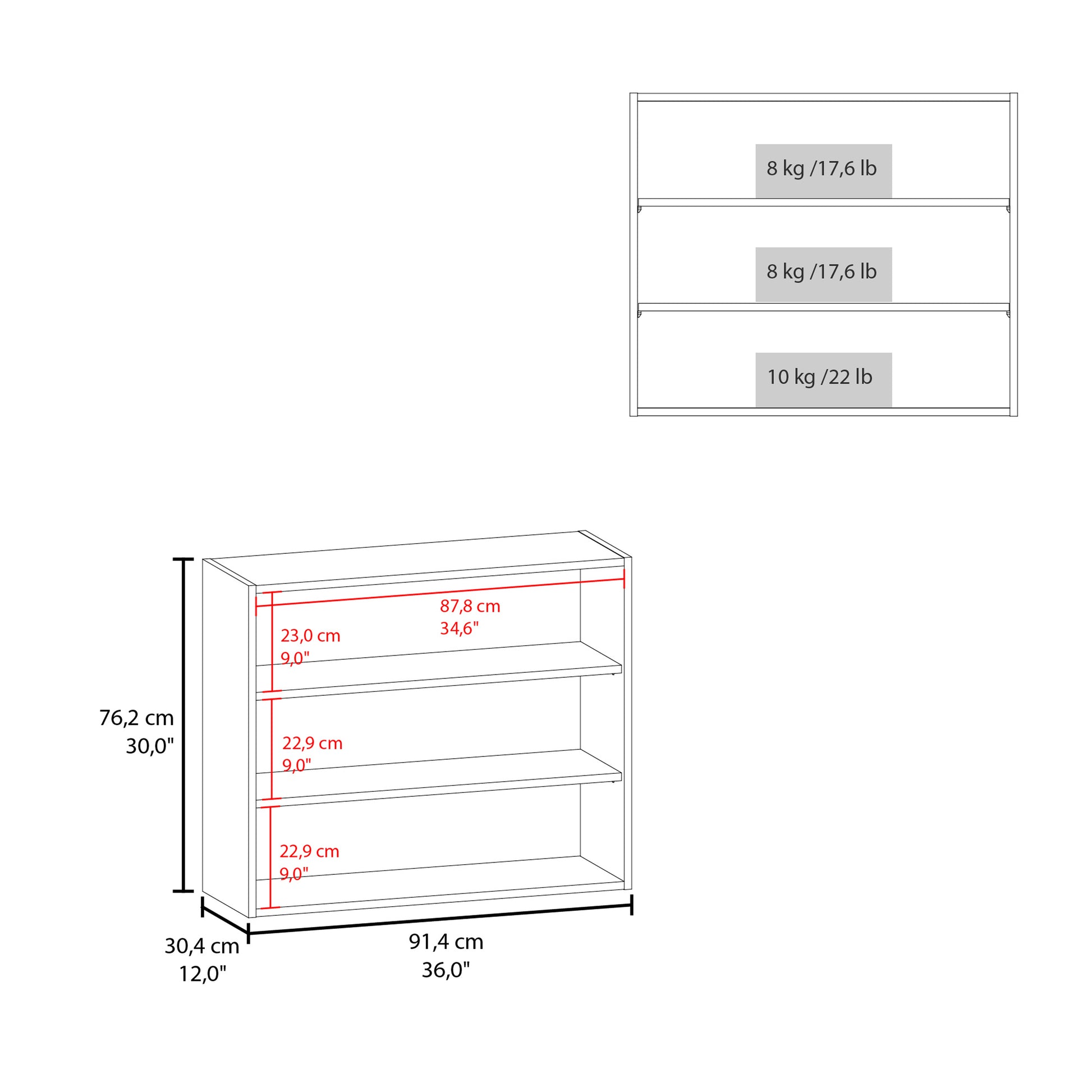 Threetier bookshelf dimensions cm H x cm W x cm D
