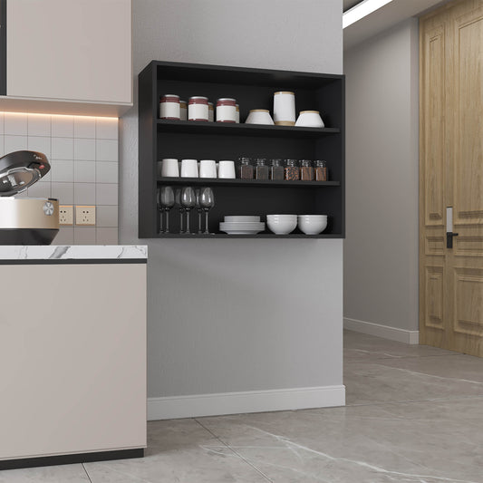 Black wallmounted kitchen shelf with white cups and spice jars