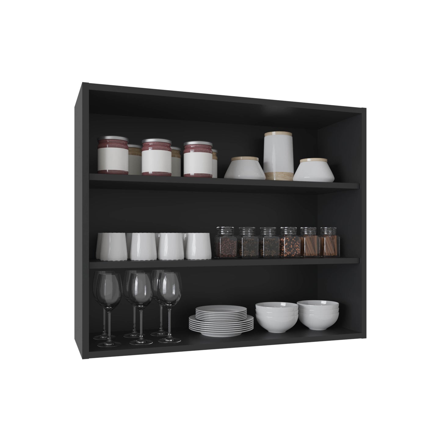 Three glass jars with red jam and white labels on a shelf
