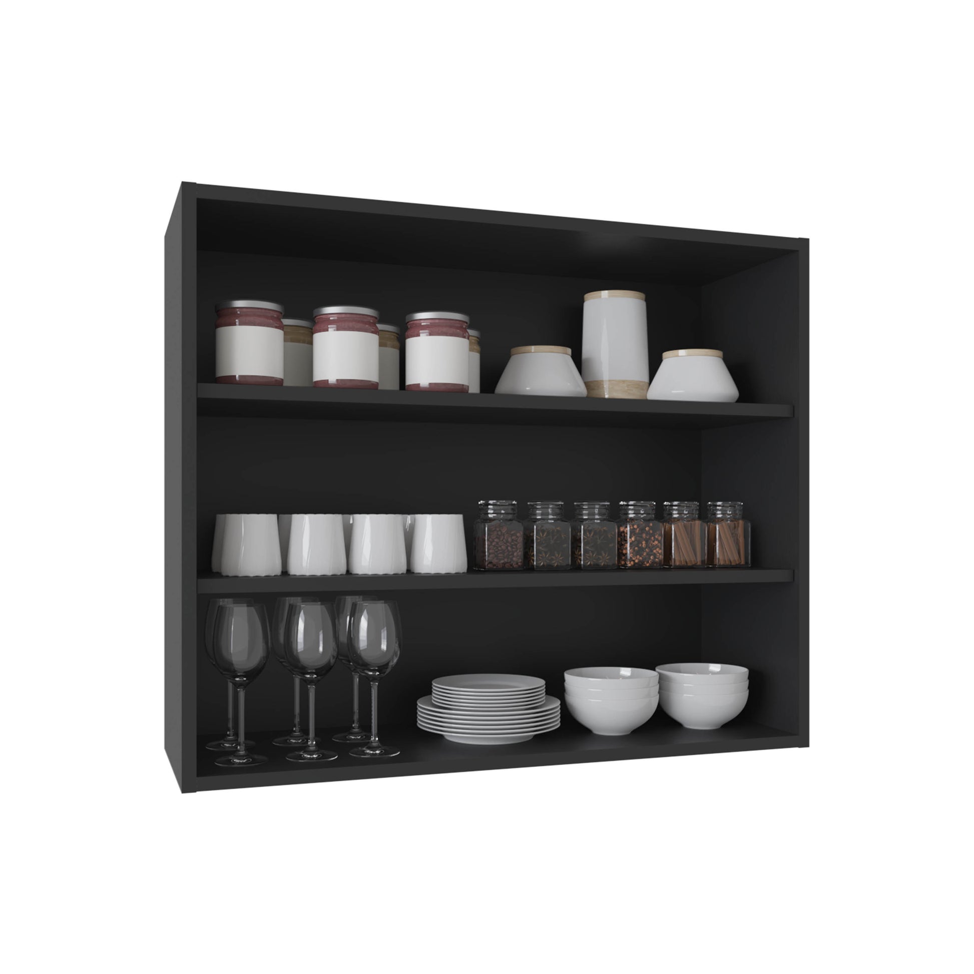 Three glass jars with red jam and white labels on a shelf