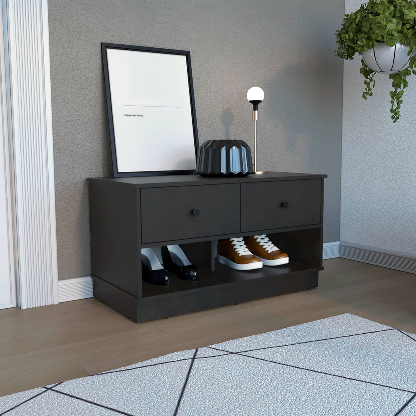 Dark brown modern shoe cabinet with two drawers and open shelves holding heels and sneakers