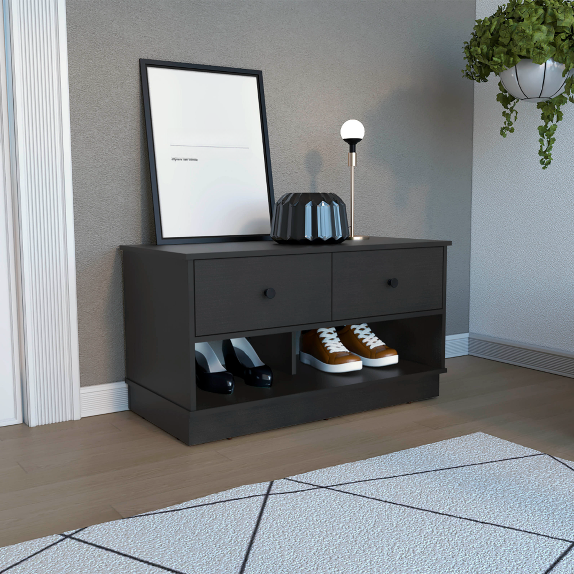 Dark brown modern shoe cabinet with two drawers and open shelves holding heels and sneakers