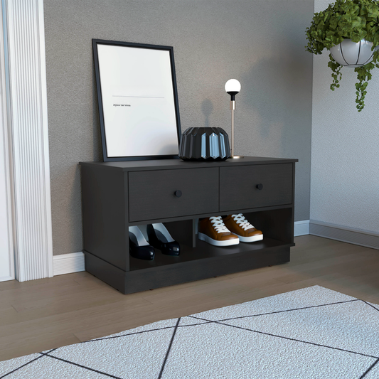 Dark brown modern shoe cabinet with two drawers and open shelves holding heels and sneakers