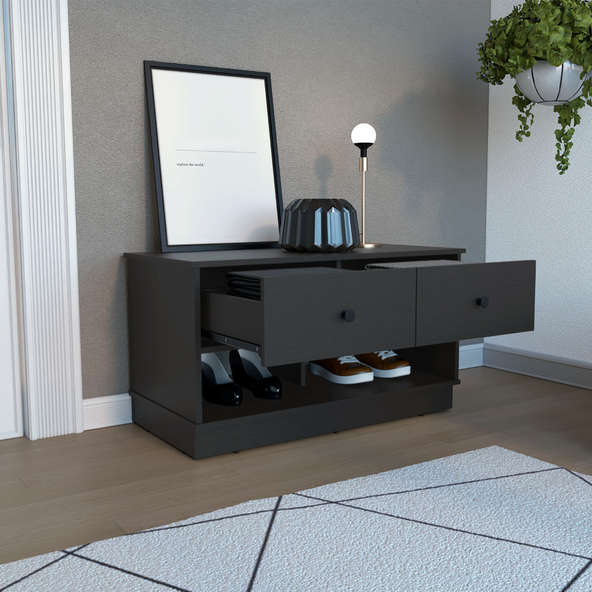 Dark espresso shoe cabinet with two drawers and open shelves