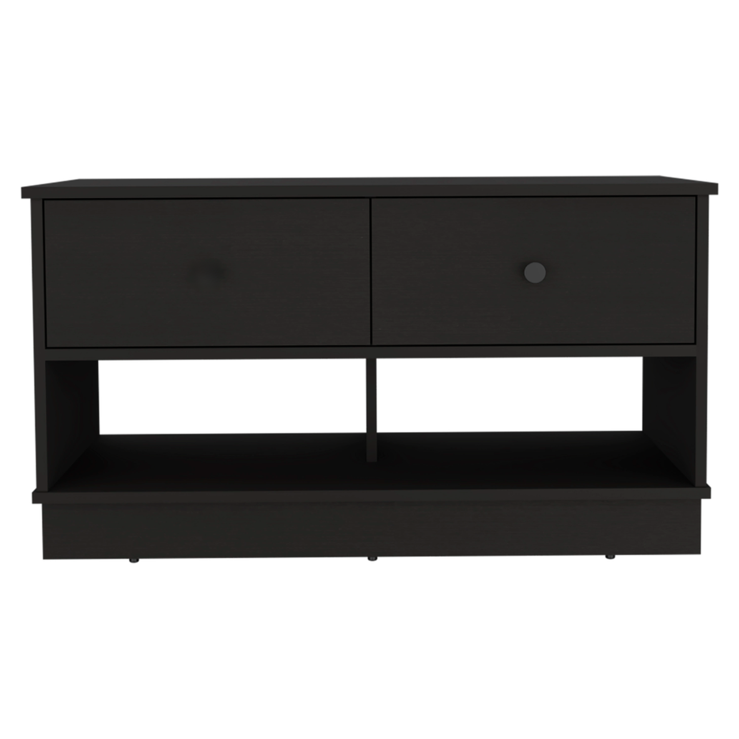 Dark brown media console with two drawers and open shelving