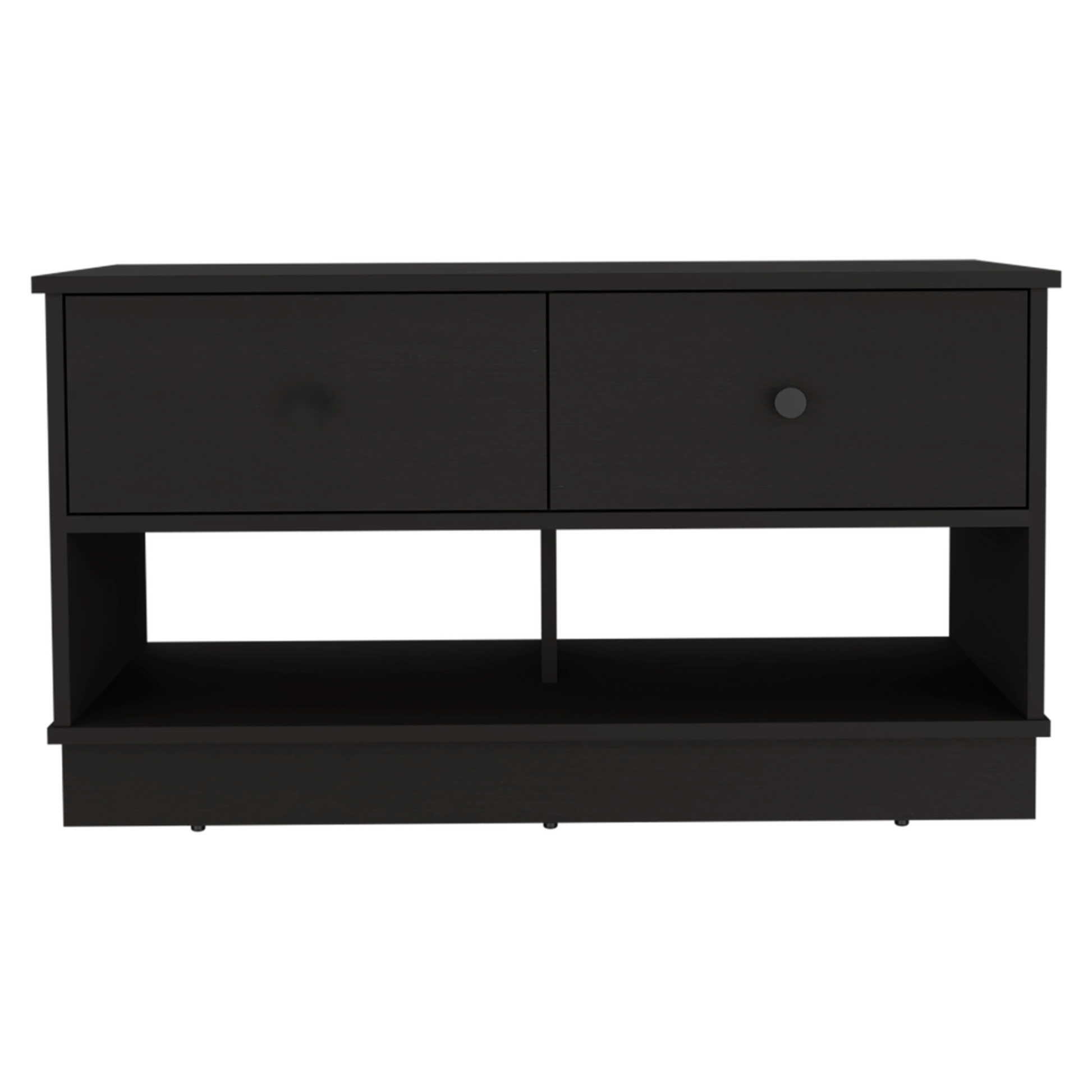 Dark brown media console with two drawers and open shelving