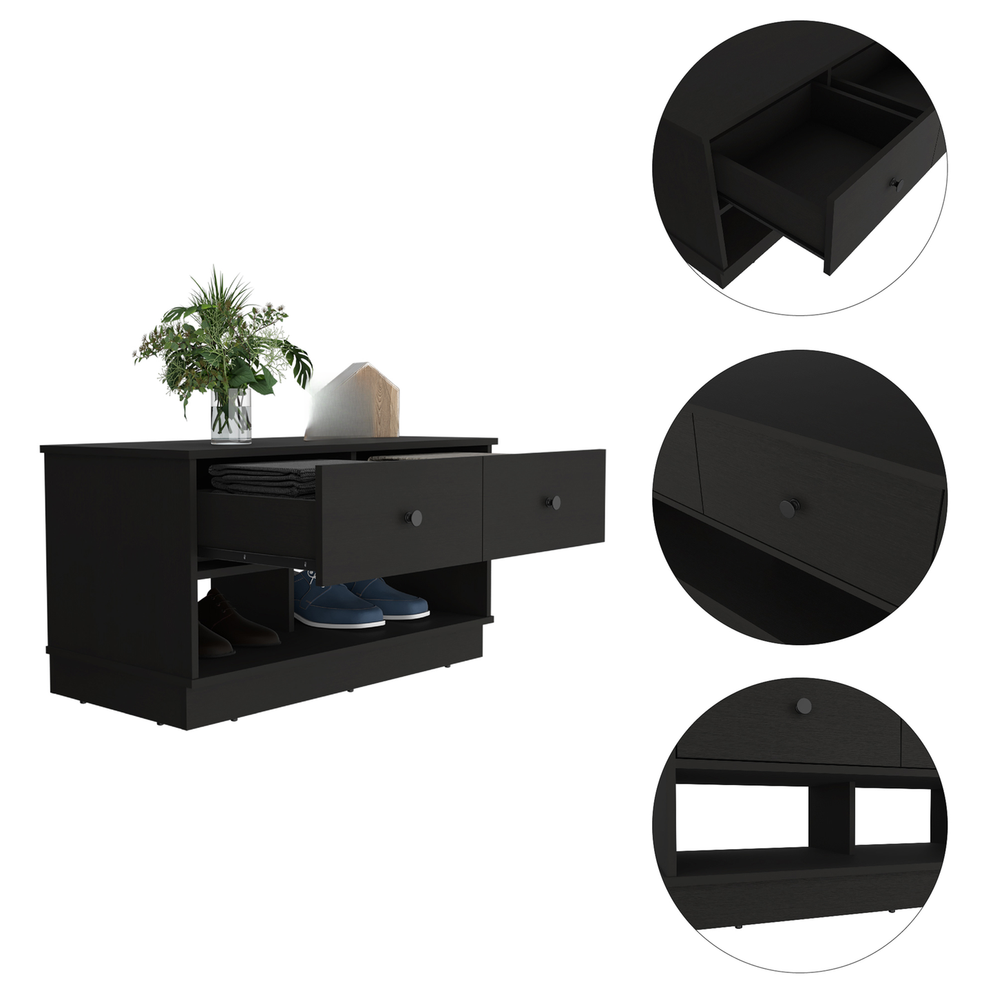 Black wood shoe cabinet with drawers and open shelves