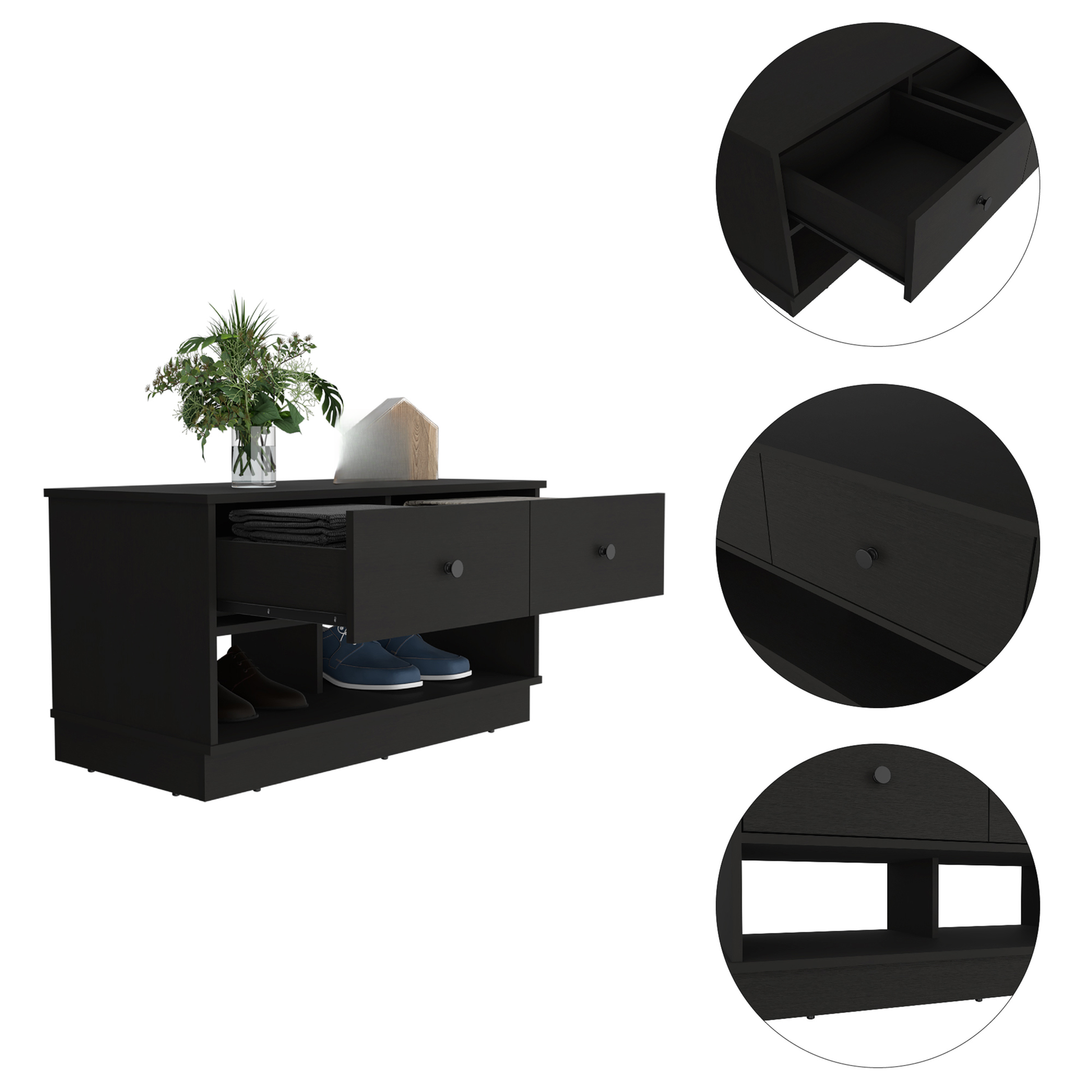 Black wood shoe cabinet with drawers and open shelves