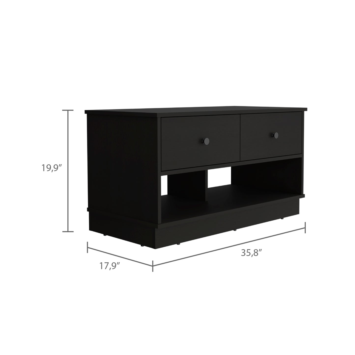 Black media console with two drawers and open shelving