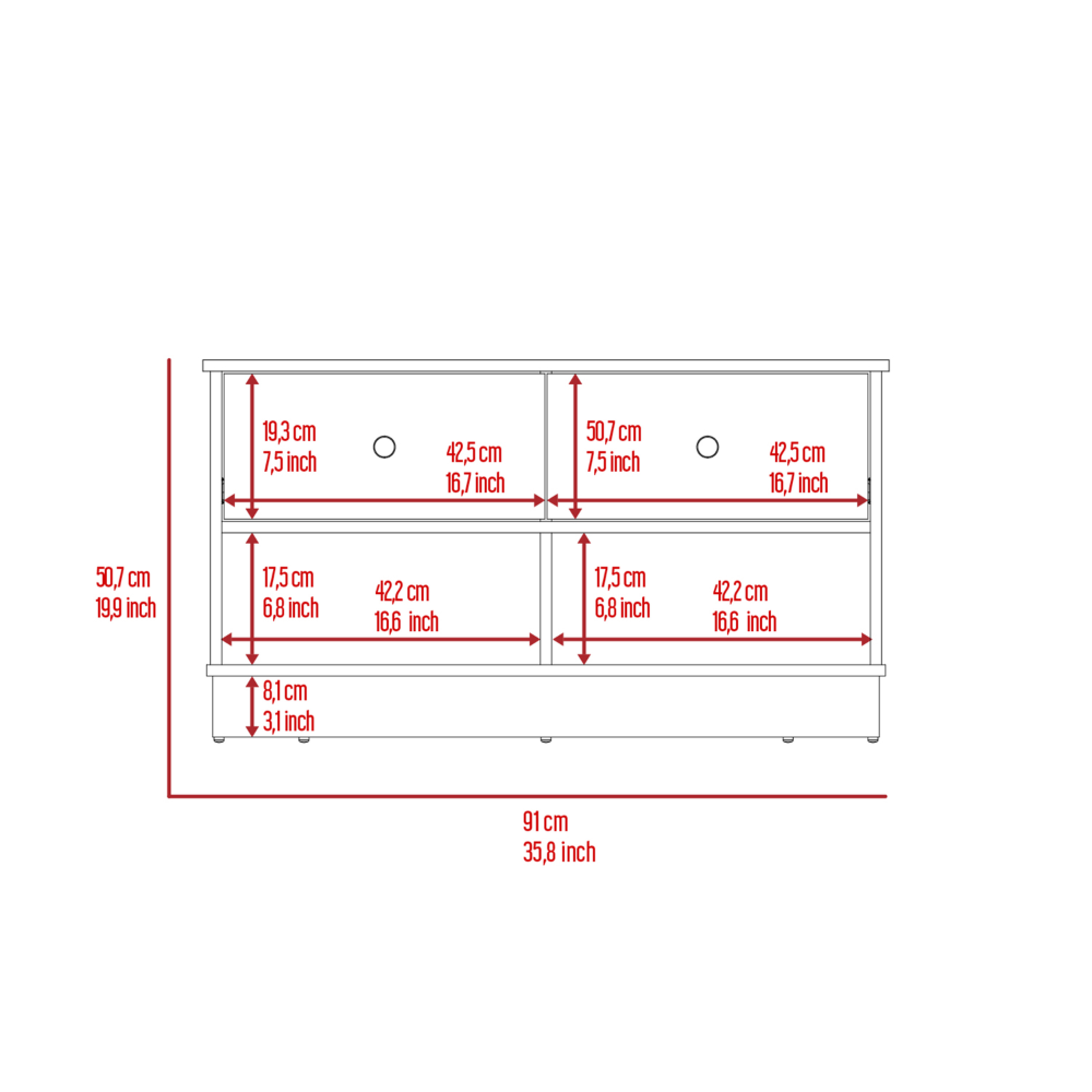 Technical drawing of a TV stand with dimensions