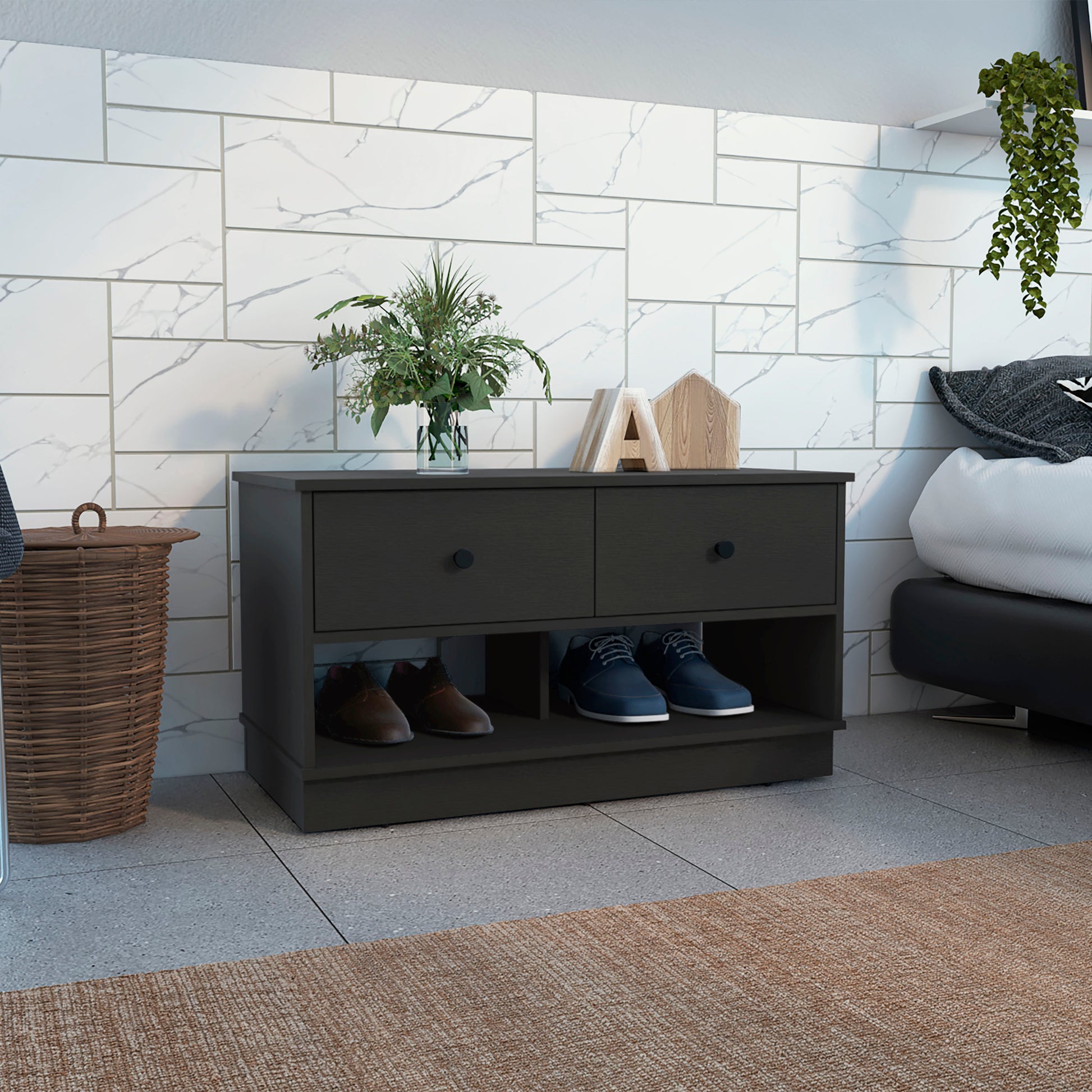 Dark oak shoe cabinet with two drawers and open shelves for shoes