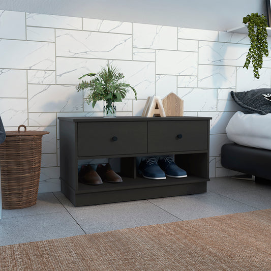 Dark oak shoe cabinet with two drawers and open shelves for shoes