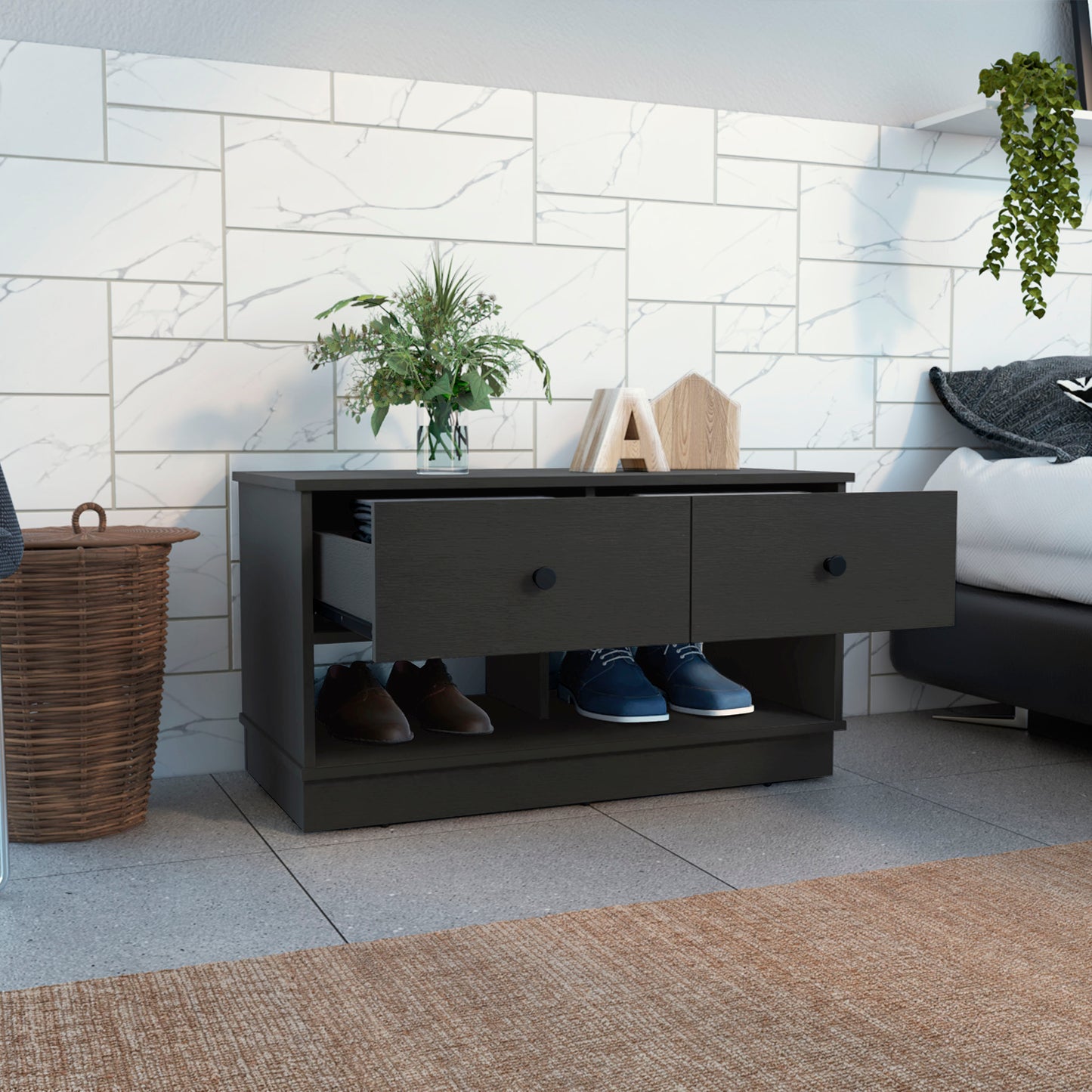 Dark grey modern shoe cabinet with two drawers and open shelves