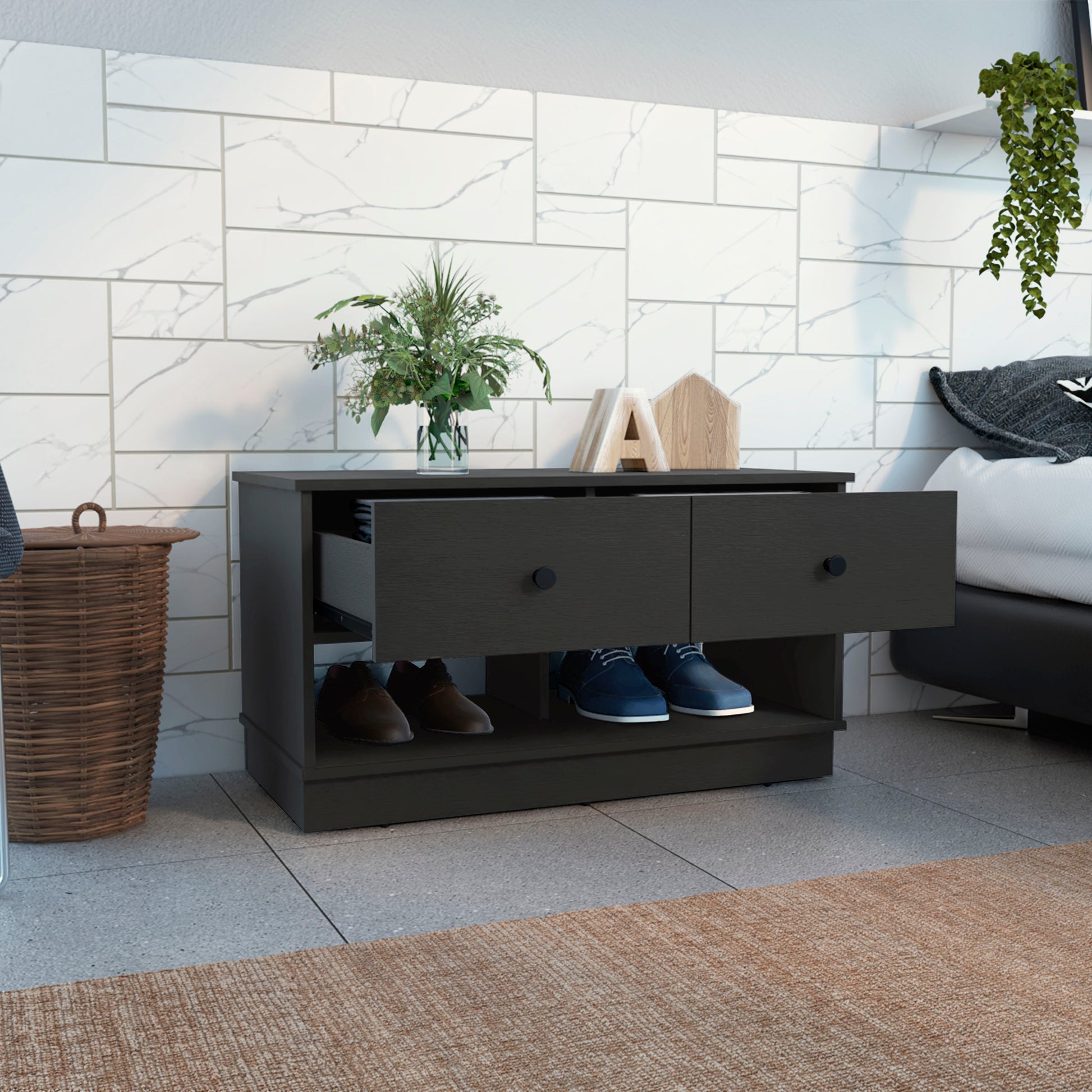 Dark grey modern shoe cabinet with two drawers and open shelves