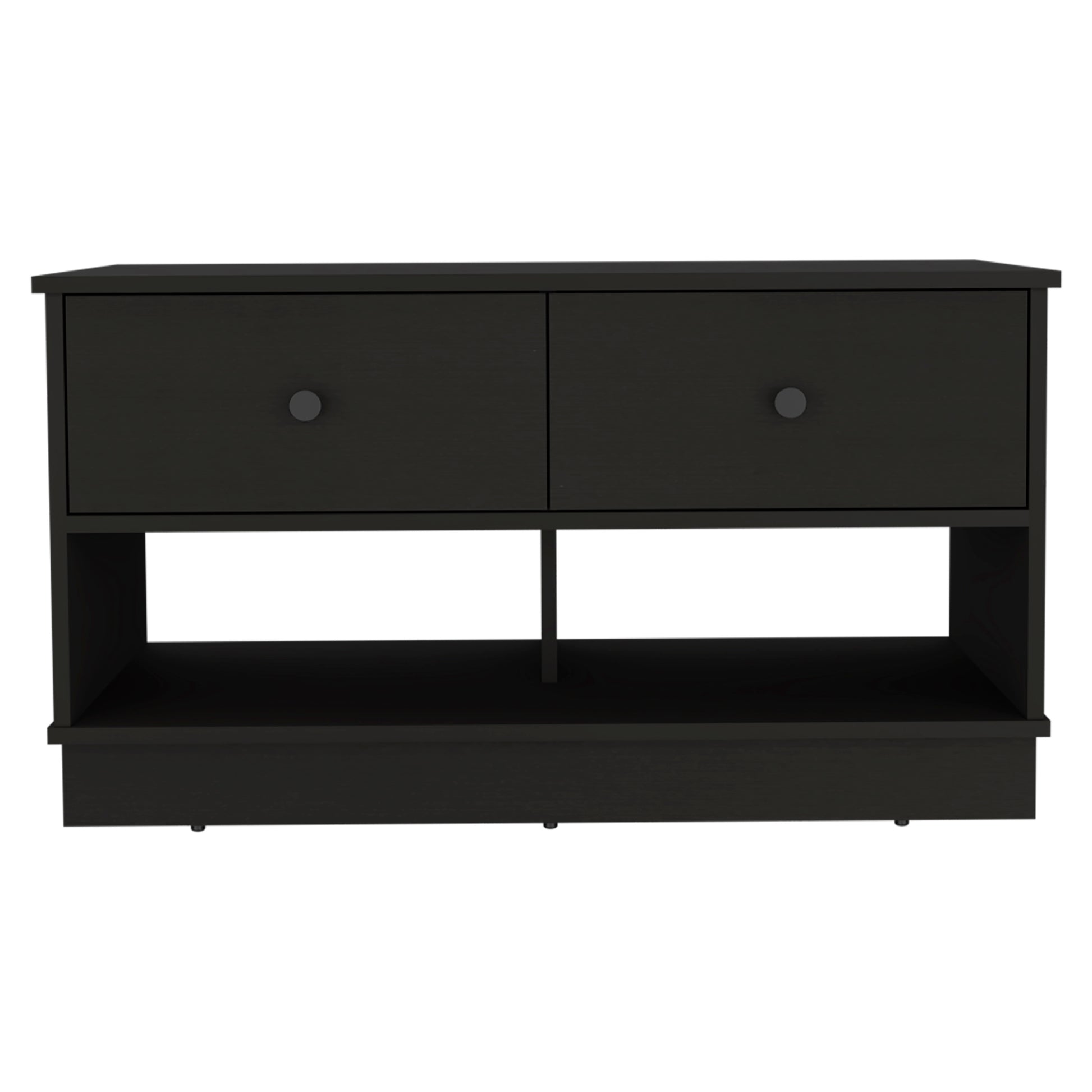 Black media console with two drawers and open shelving