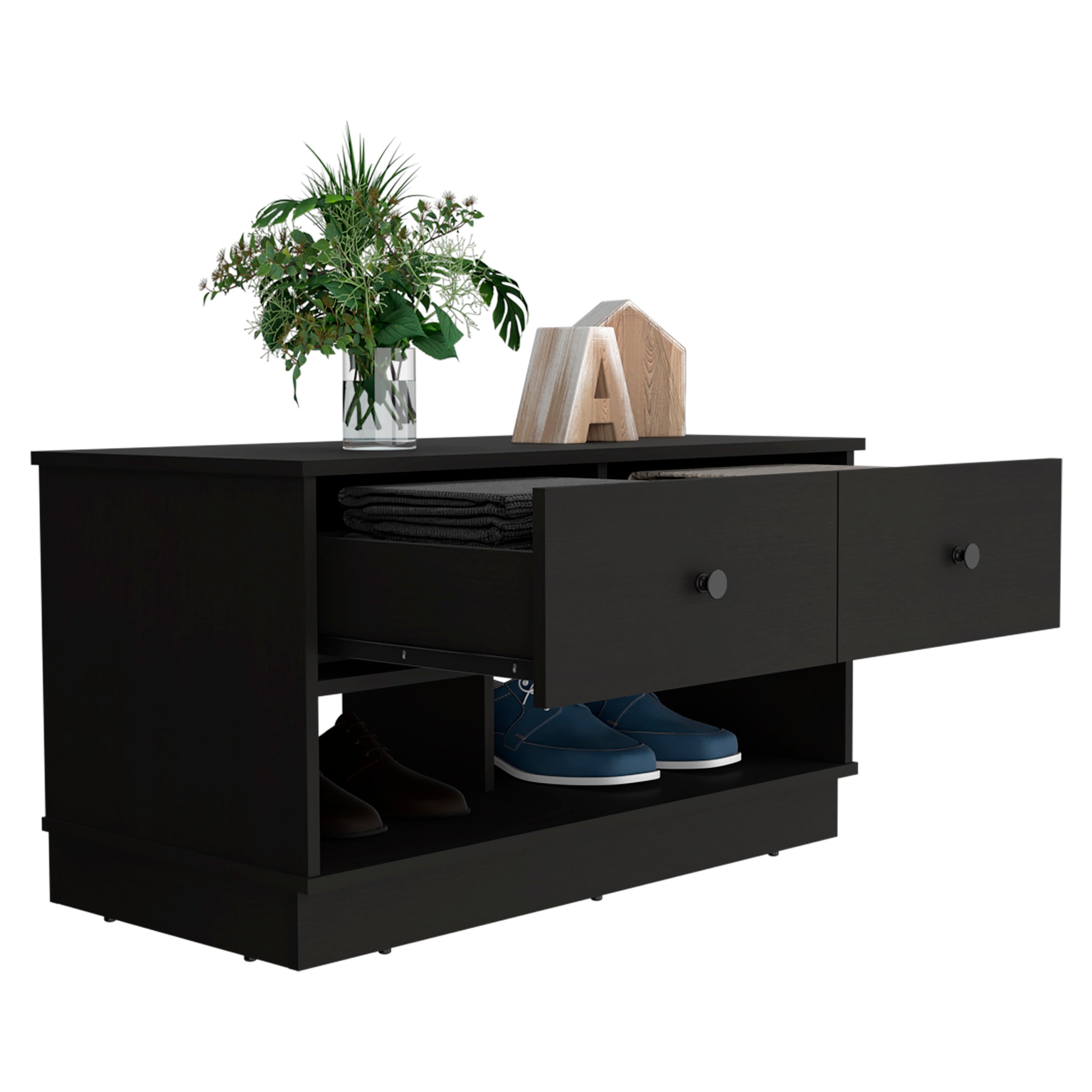 Black wood shoe cabinet with two drawers and open shelves displaying footwear
