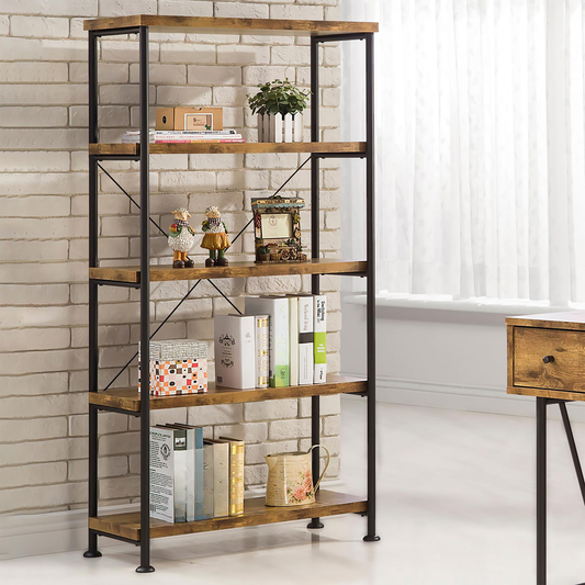 Rustic wood and metal bookshelf with five tiers