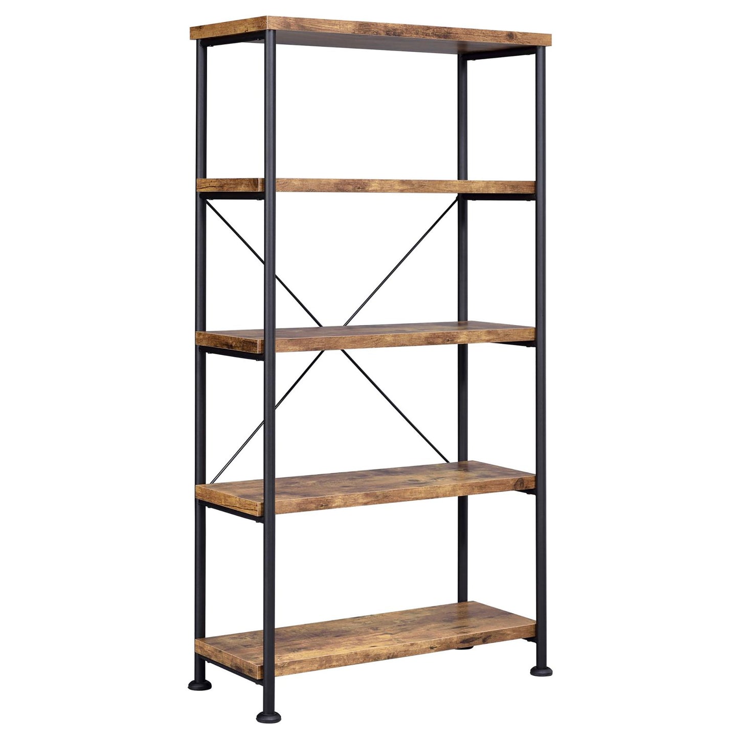 Industrial style bookshelf with five wooden shelves and black metal frame