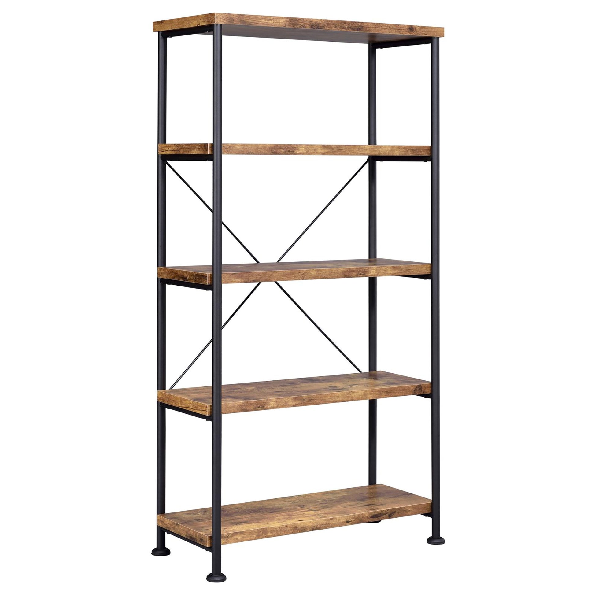 Industrial style bookshelf with five wooden shelves and black metal frame