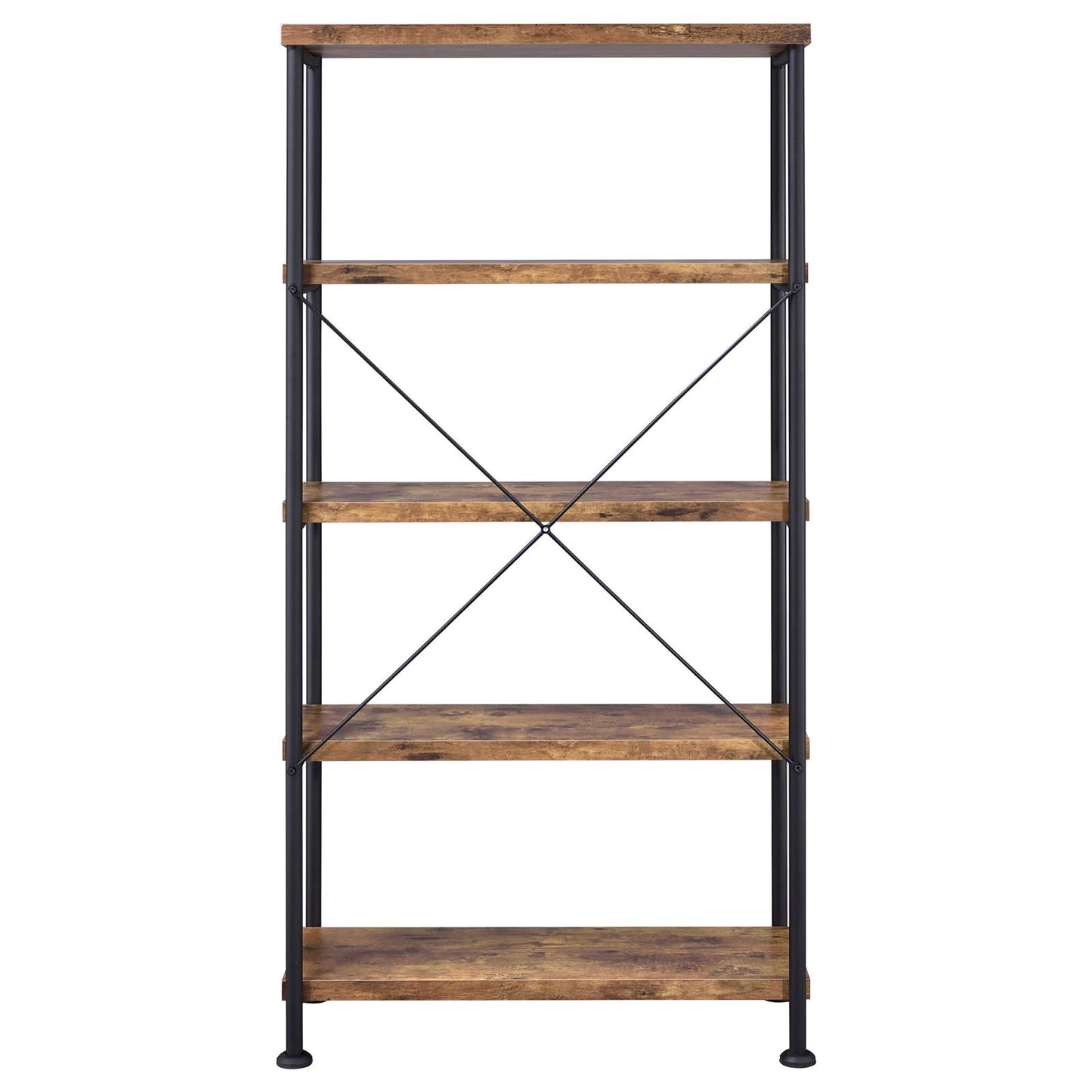 Rustic industrial bookshelf with five distressed wood shelves and black metal frame