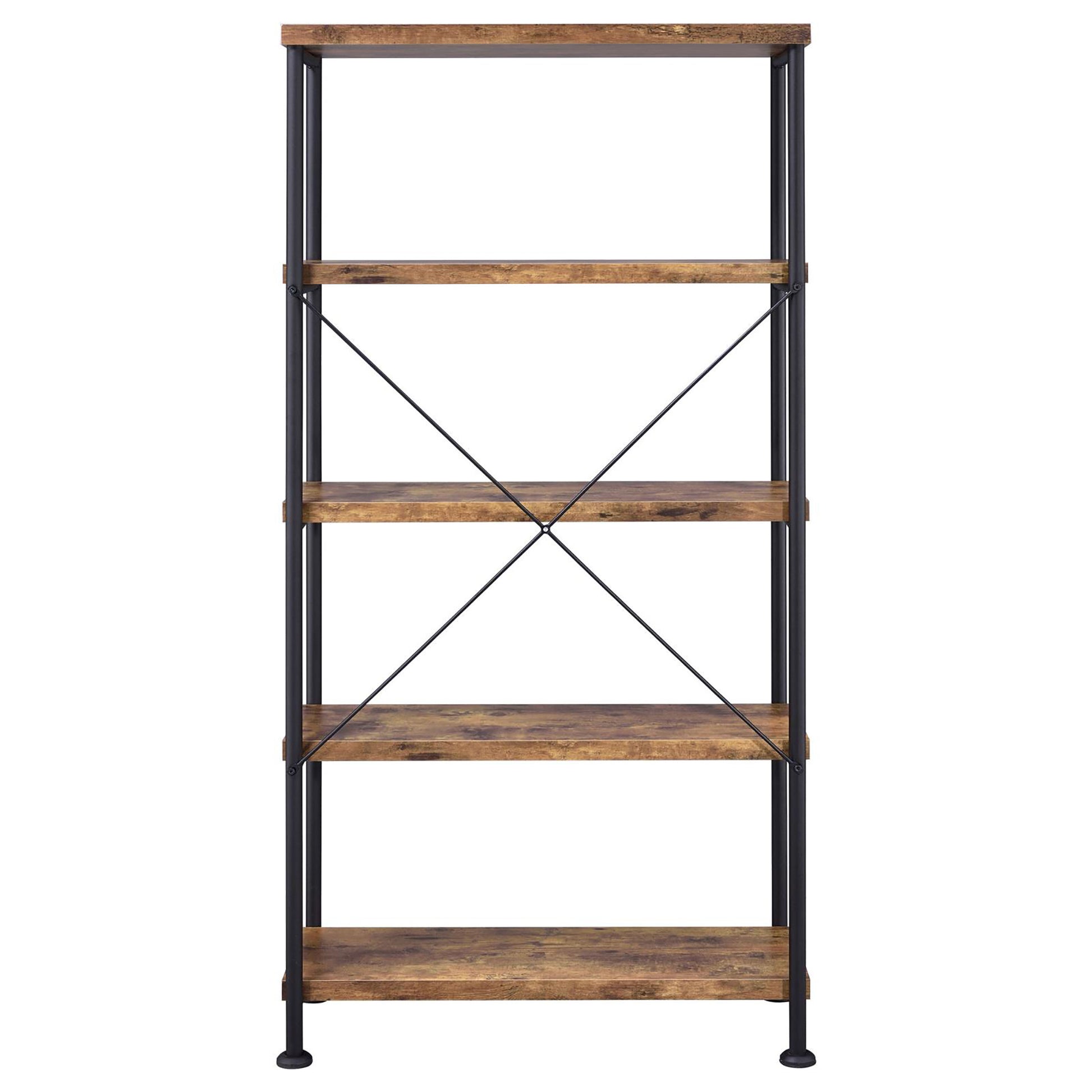 Rustic industrial bookshelf with five distressed wood shelves and black metal frame