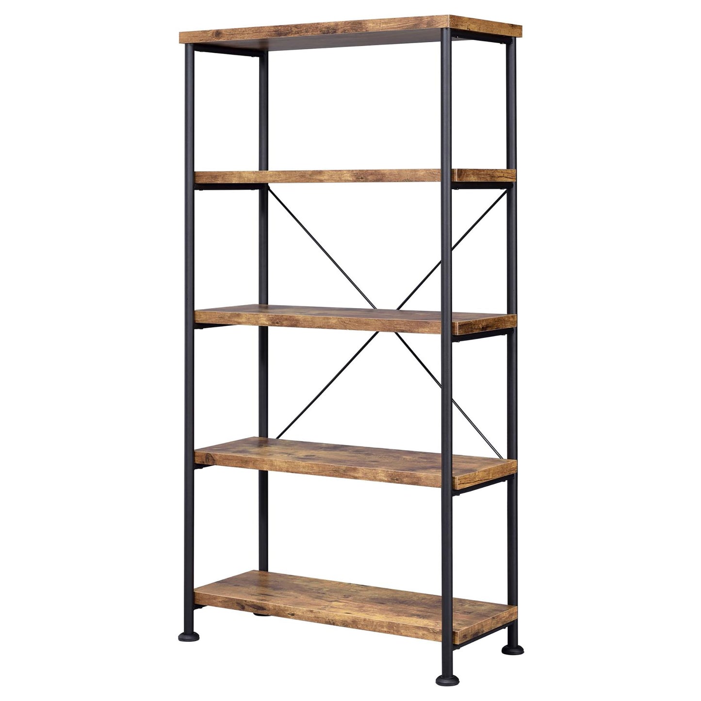 Rustic brown wood bookcase with black metal frame