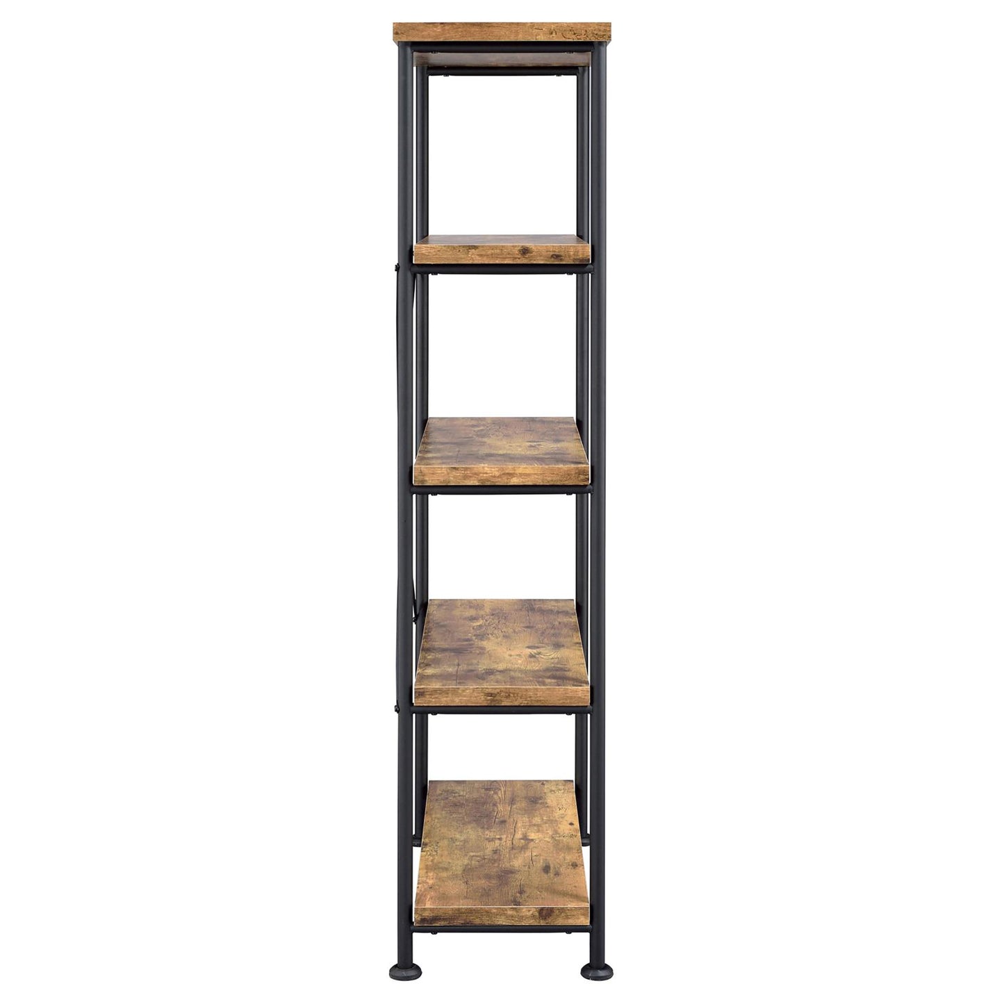 Rustic industrial metal bookshelf with five wooden shelves