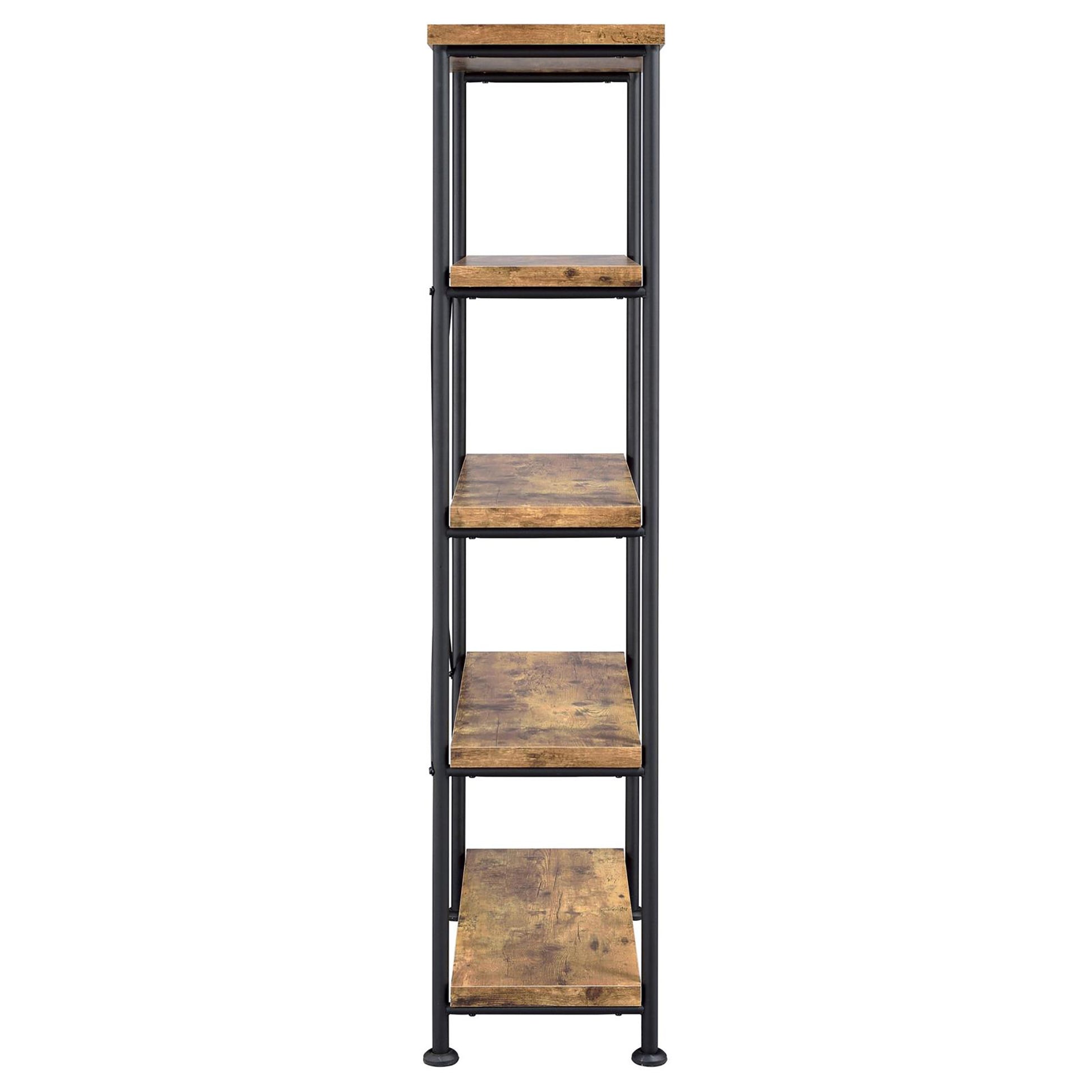 Rustic industrial metal bookshelf with five wooden shelves