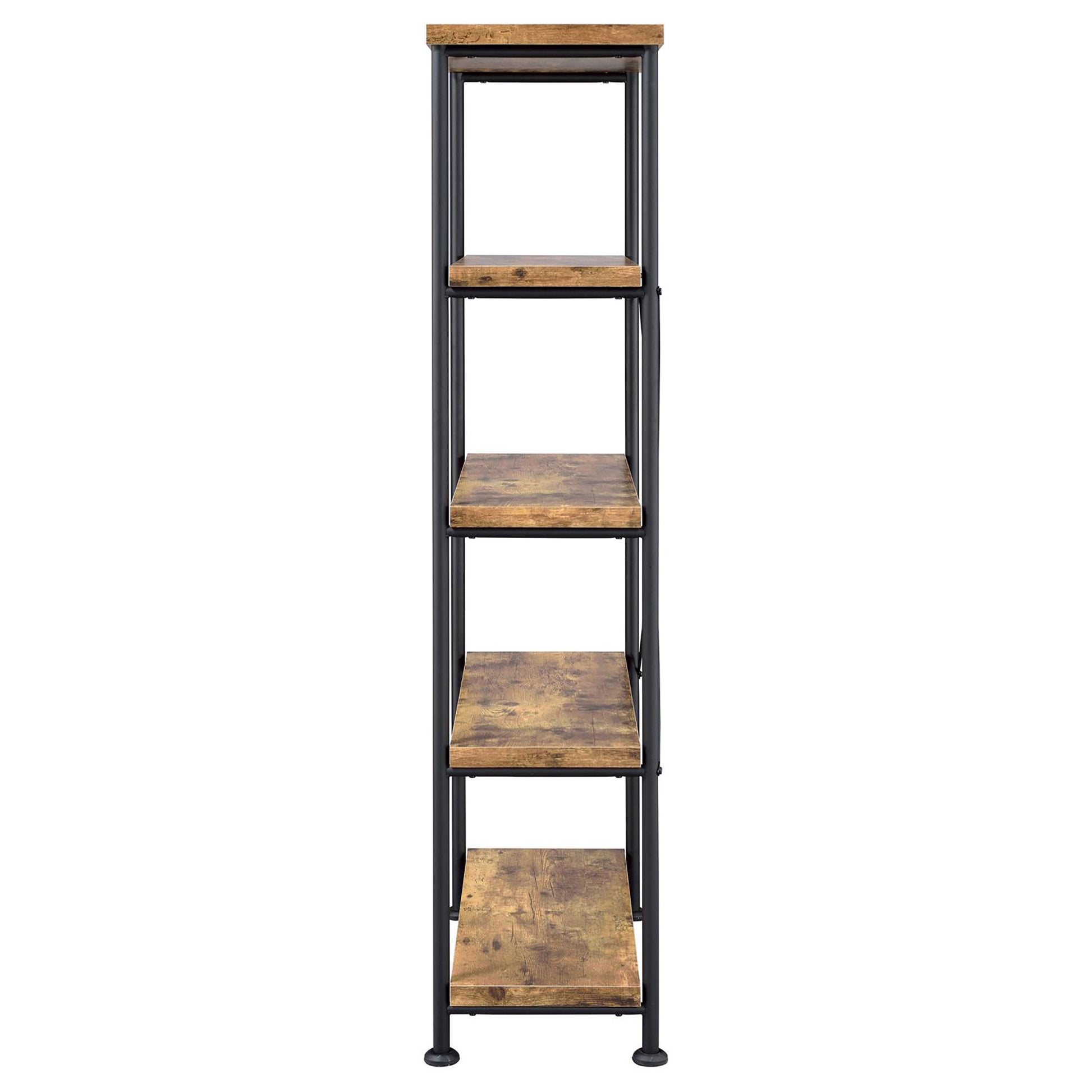 Industrial bookshelf with five distressed wood shelves and black metal frame