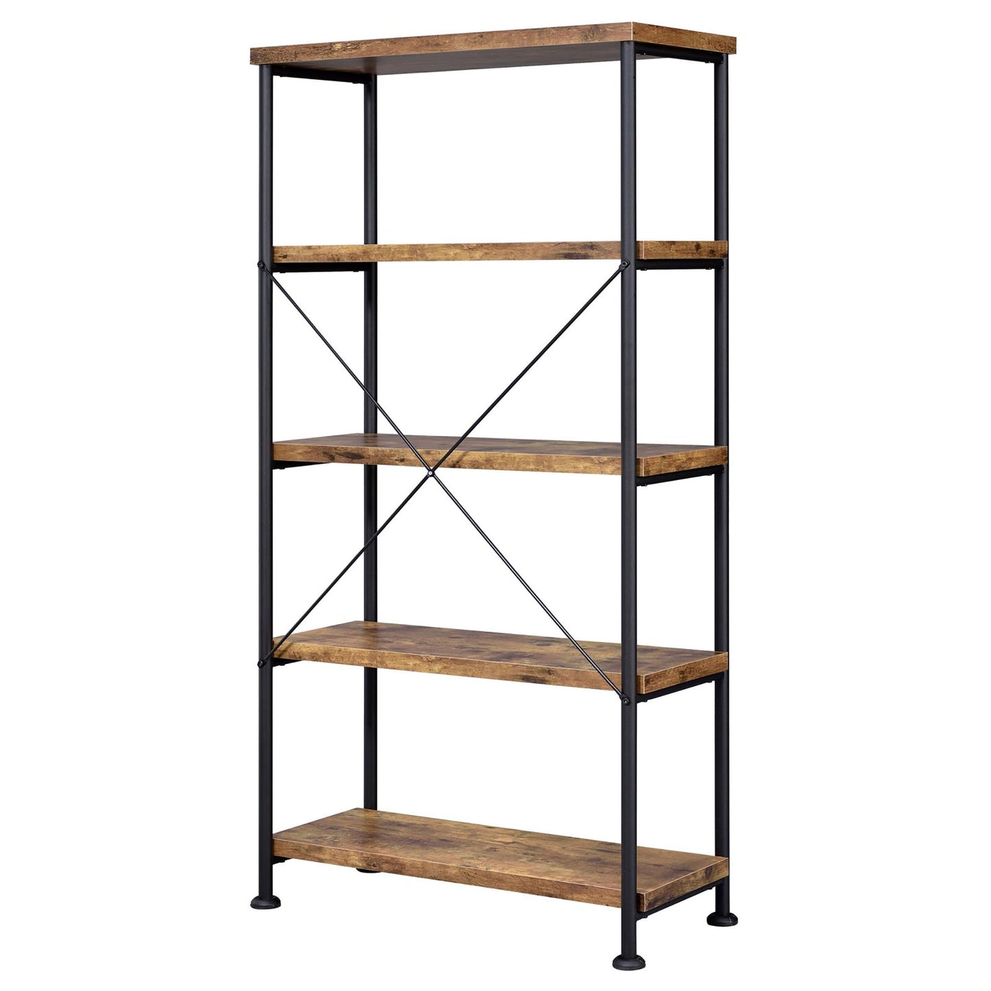 Rustic brown fivetier industrial bookshelf with black metal frame