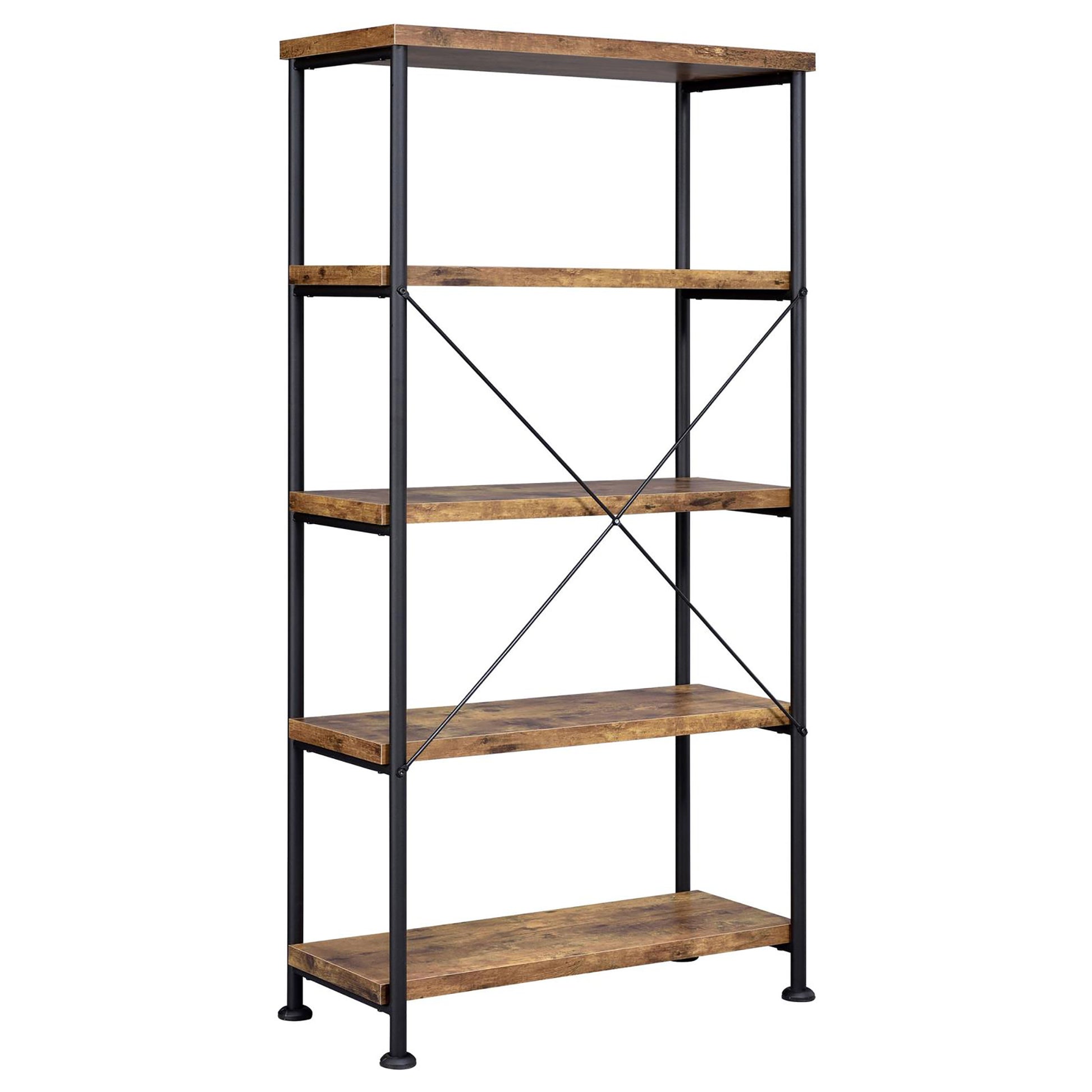 Rustic wood and metal bookshelf with five shelves