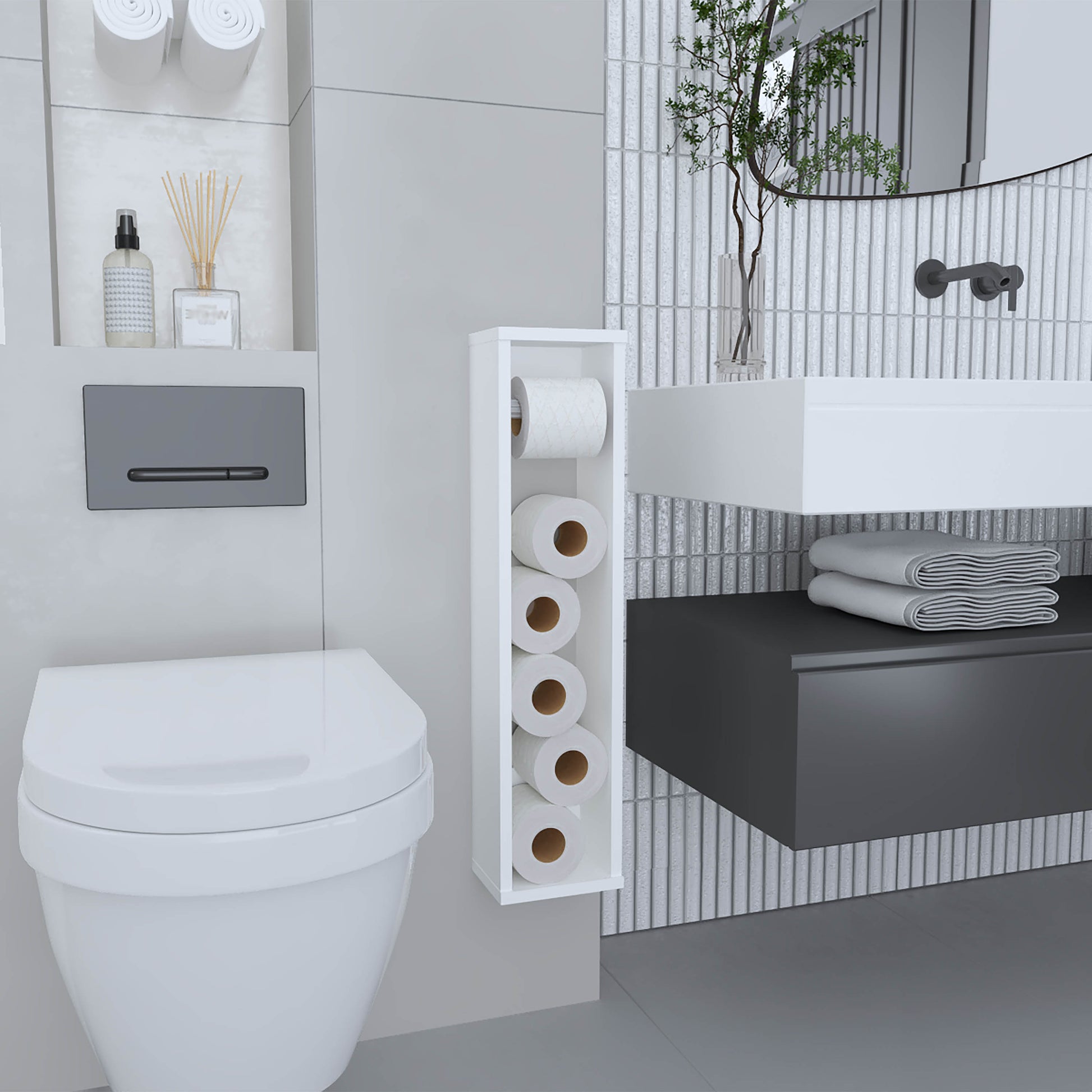 Tall white toilet paper holder with six rolls