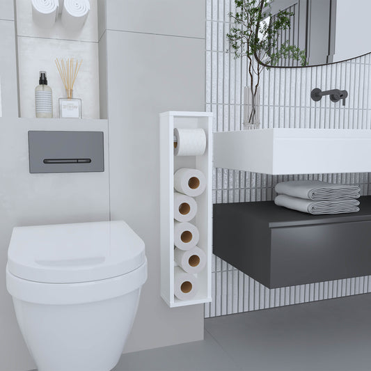 Tall white toilet paper holder with six rolls