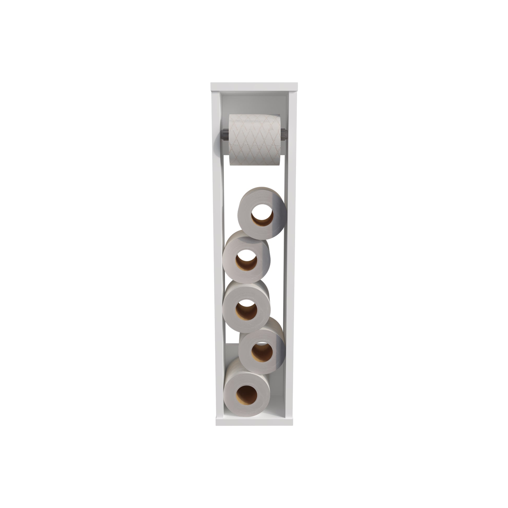 White toilet paper holder with diamond pattern roll on top and five spare rolls stacked vertically