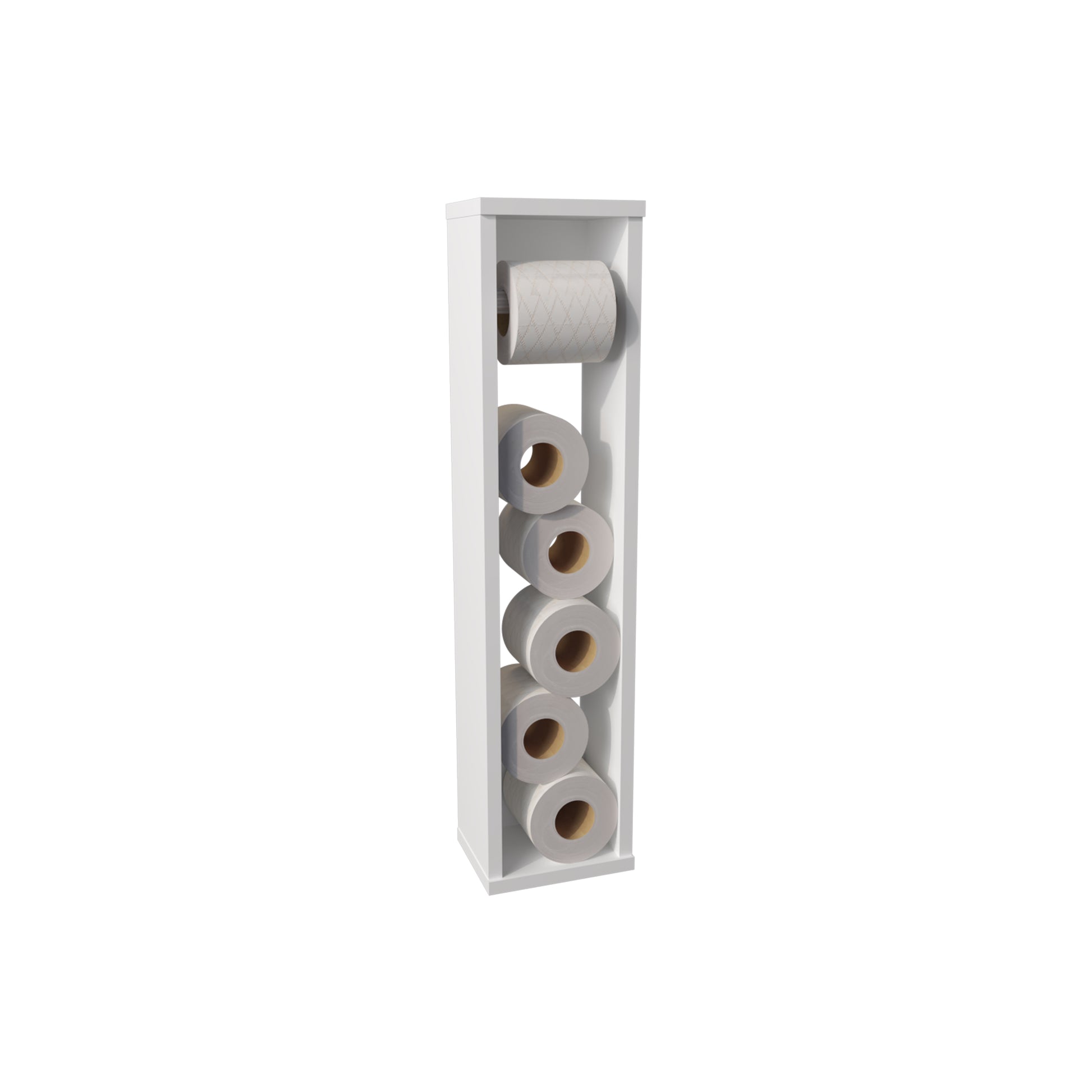 White modern toilet paper holder storing six rolls