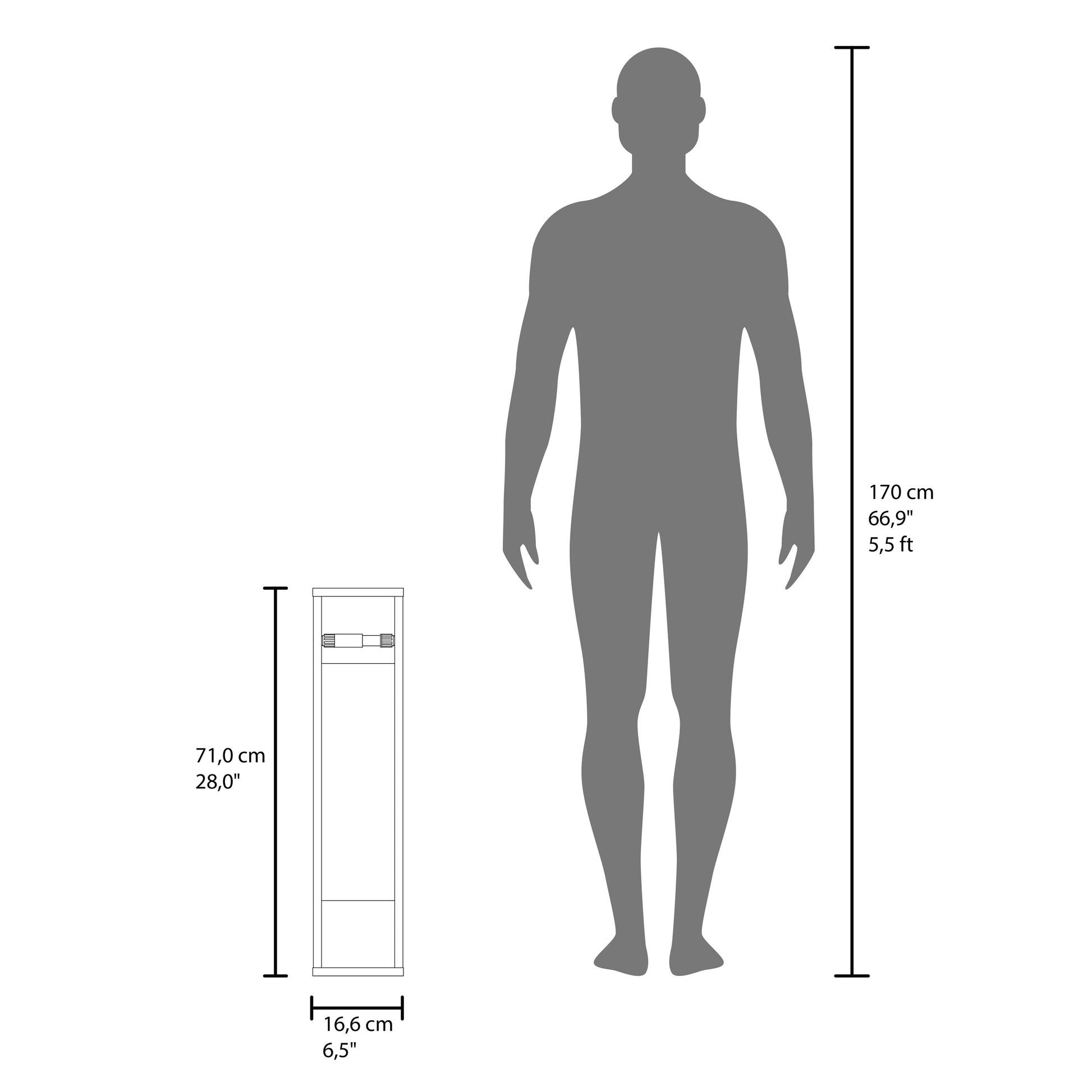 Diagram showing a slim white storage cabinet  tall beside a human silhouette  for scale