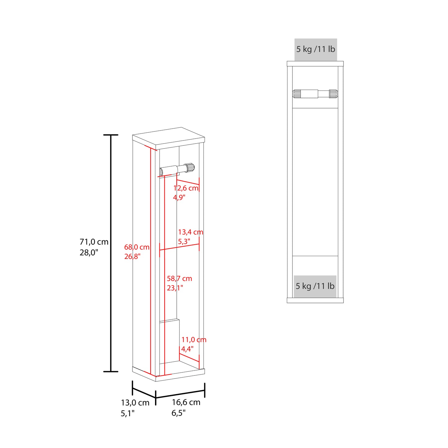 Line drawing of a narrow white cabinet with dimensions