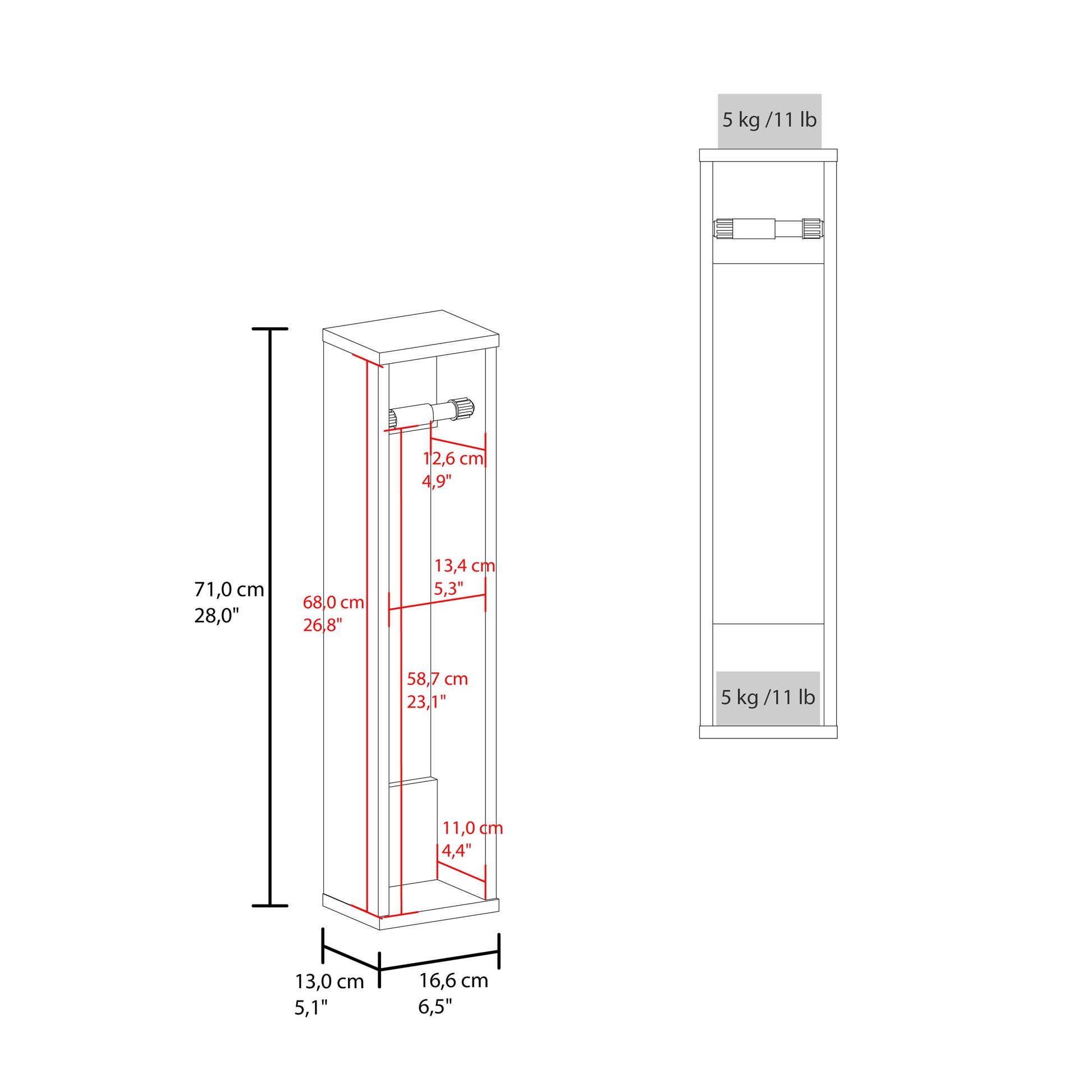 Line drawing of a narrow white cabinet with dimensions