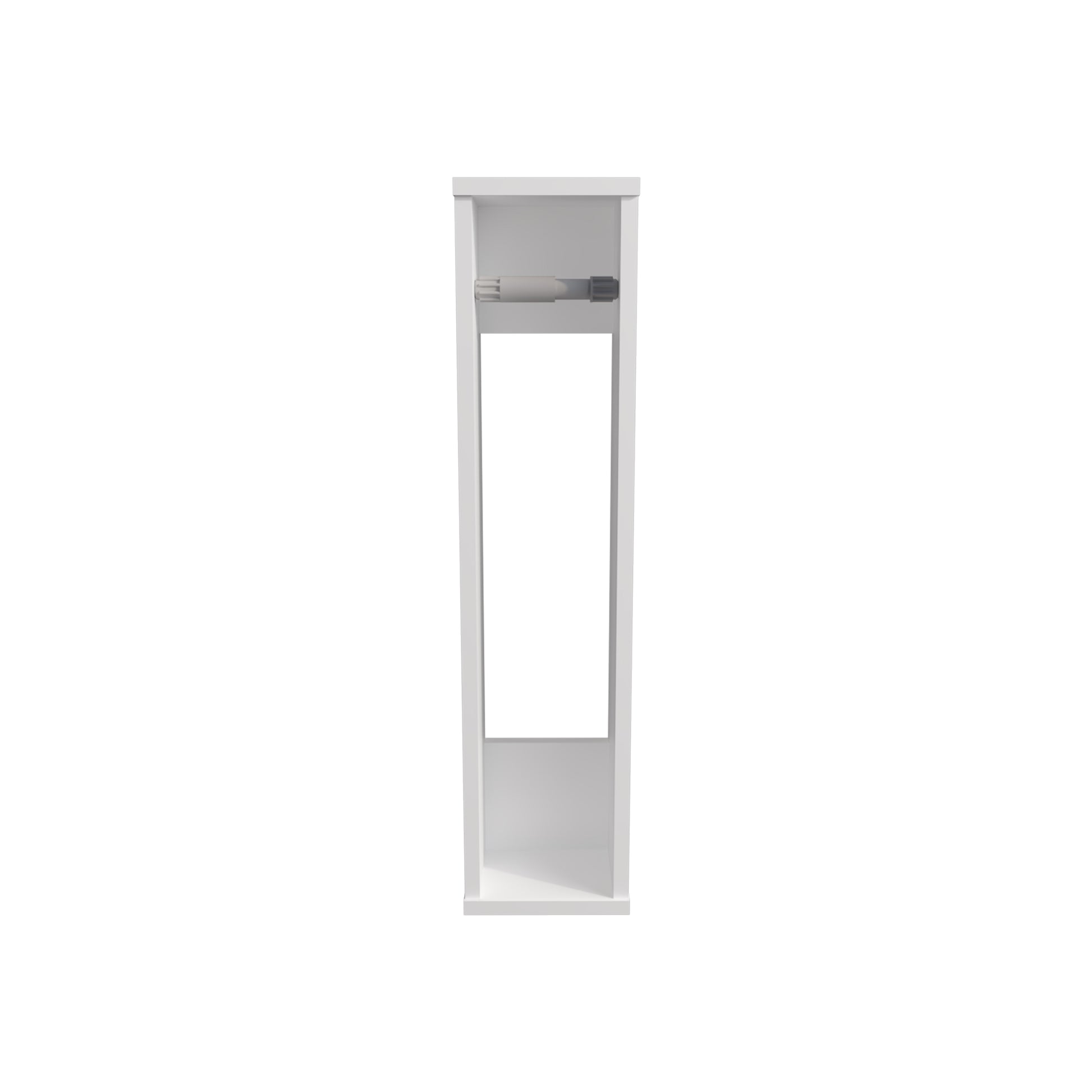 White vertical toilet paper holder with a shelf