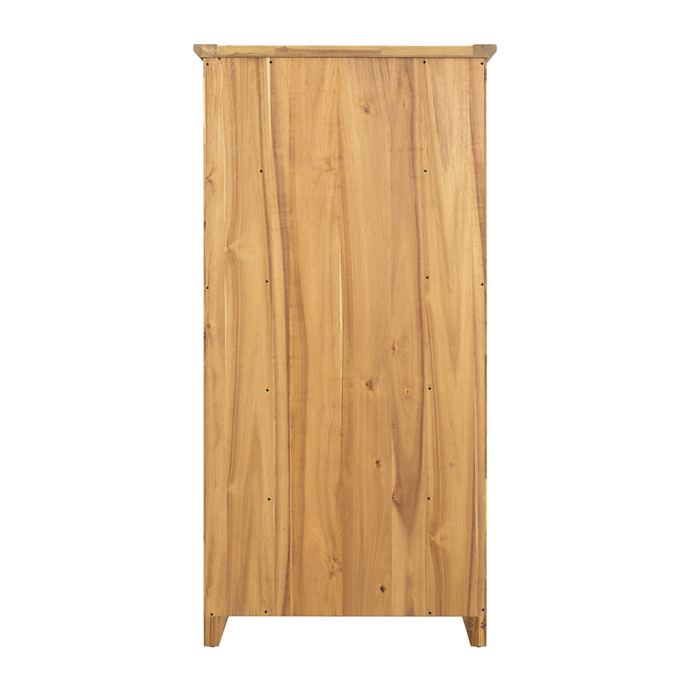 Rear view of a solid wood mediumtoned acacia bookcase with natural grain patterns