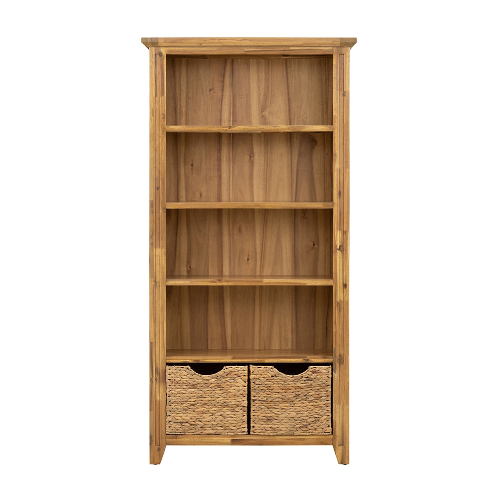 Tall wooden bookshelf with four shelves and two woven storage baskets at the bottom