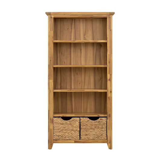 Tall wooden bookshelf with four shelves and two woven storage baskets at the bottom