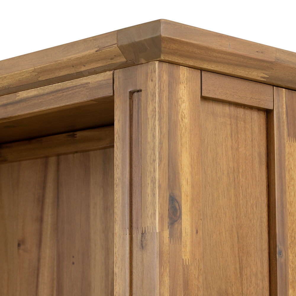 Closeup of a solid wood bookshelf corner with natural grain