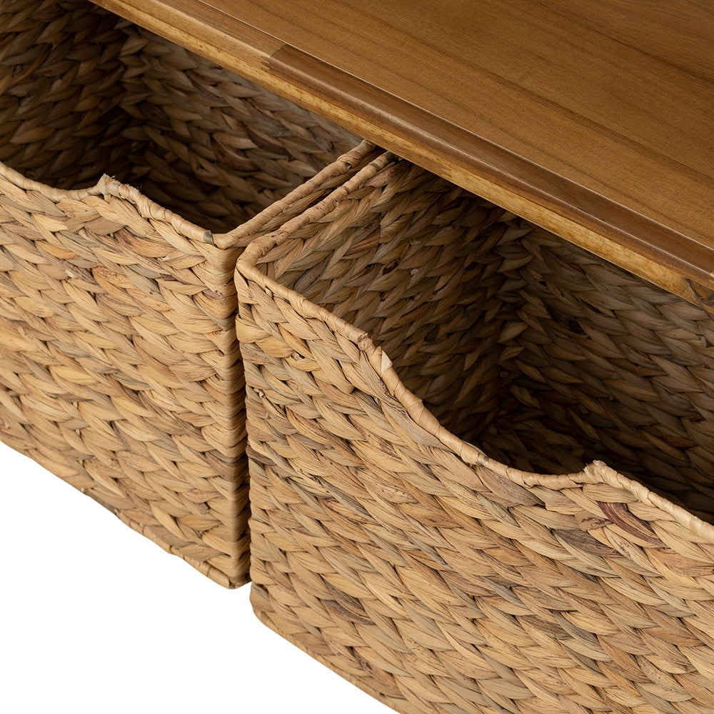 Woven hyacinth baskets integrated into a wooden furniture piece