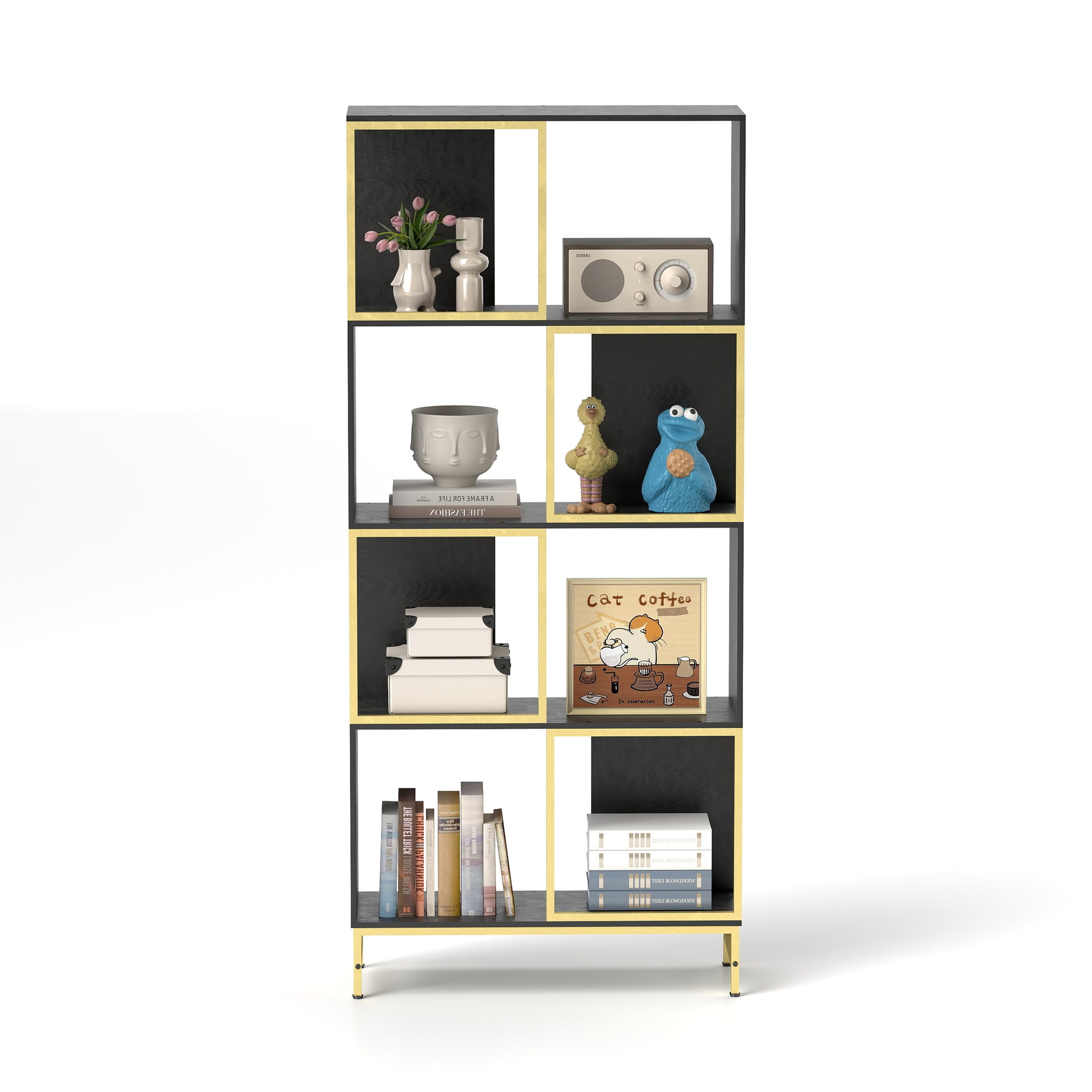 Modern black shelving unit with gold accents and decorative items
