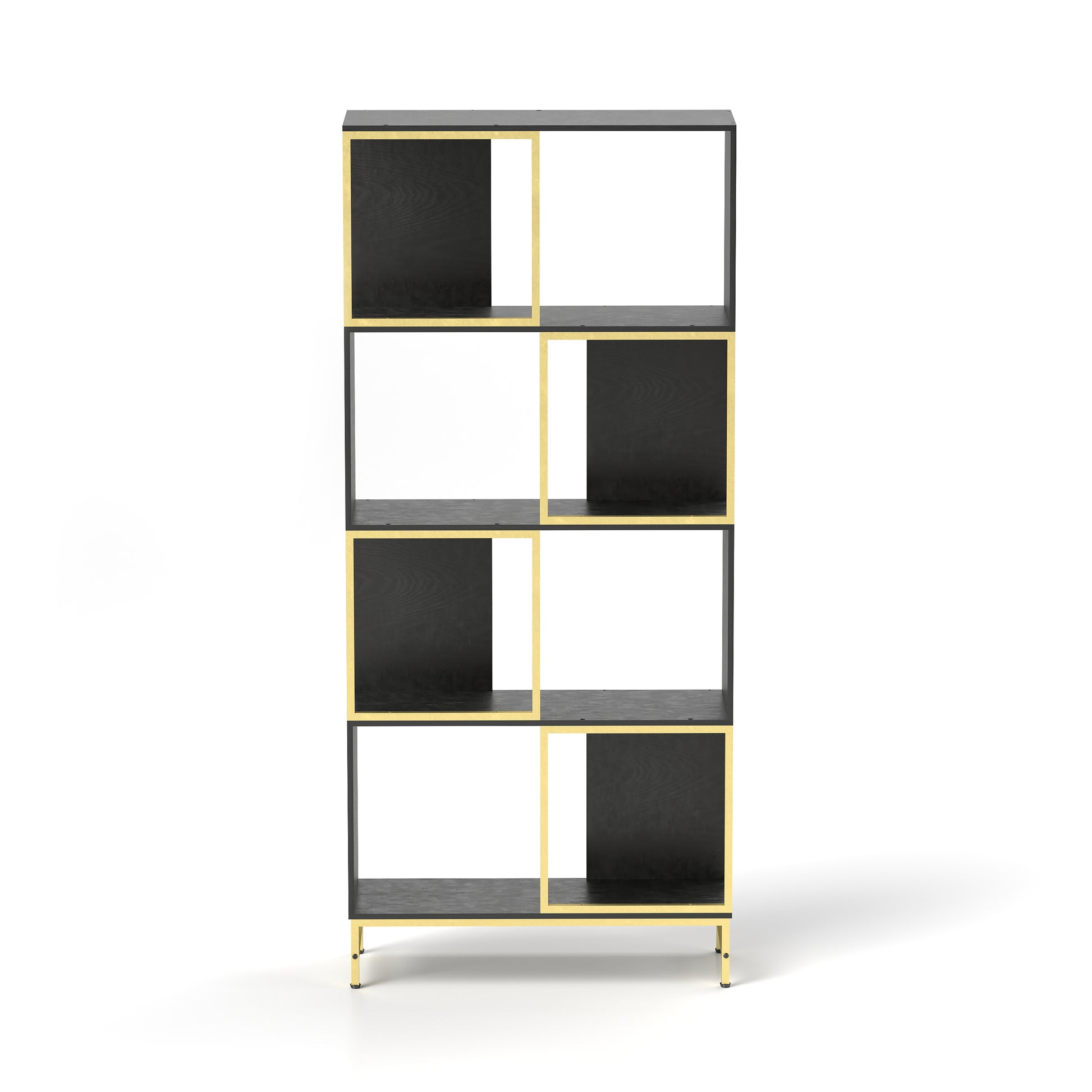 Black and gold fourtier geometric bookshelf with open shelving