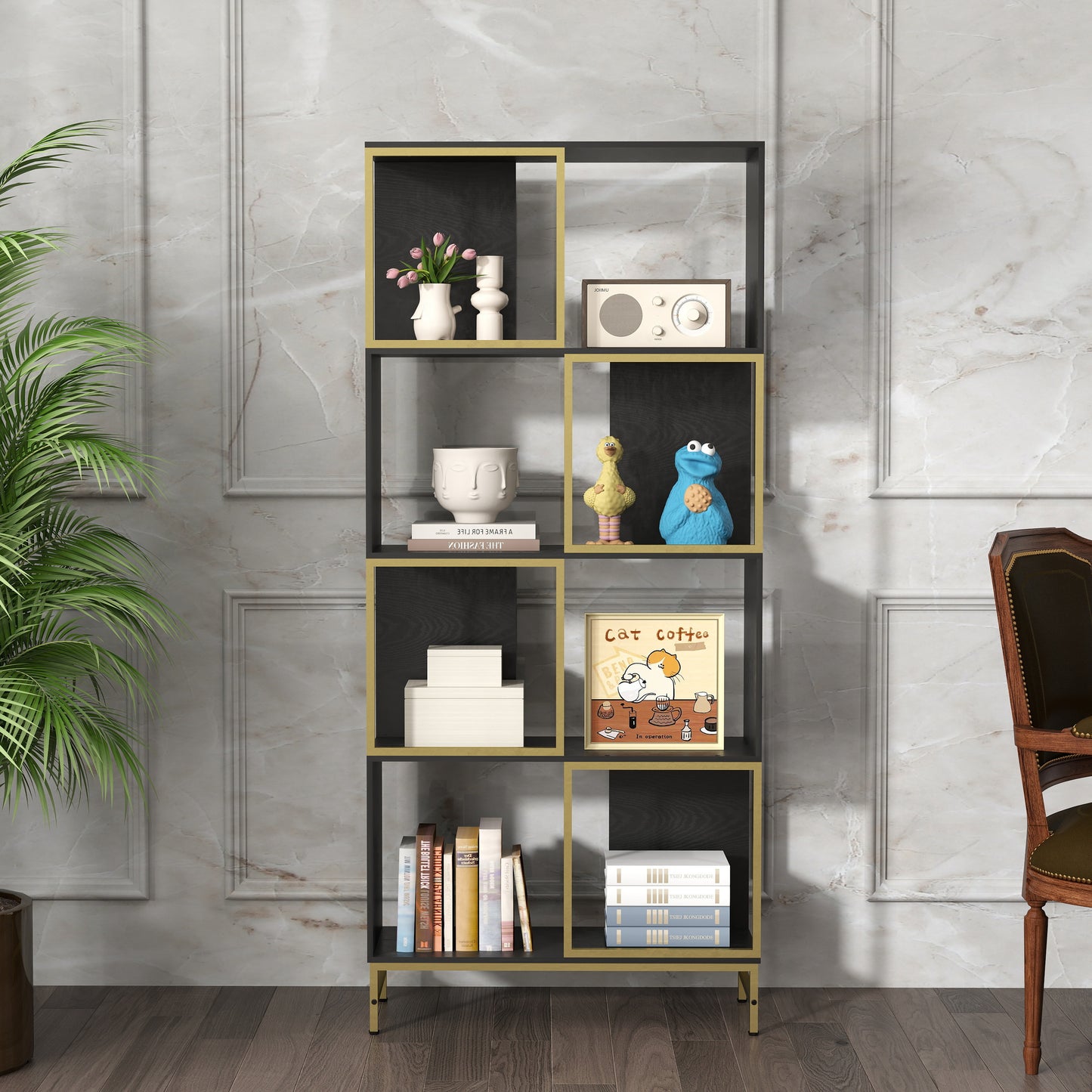Black and gold modern bookshelf with decorative items