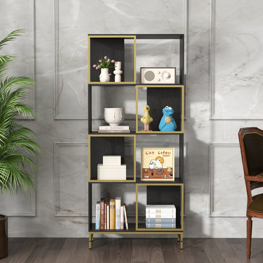 Black and gold modern bookshelf with decorative items