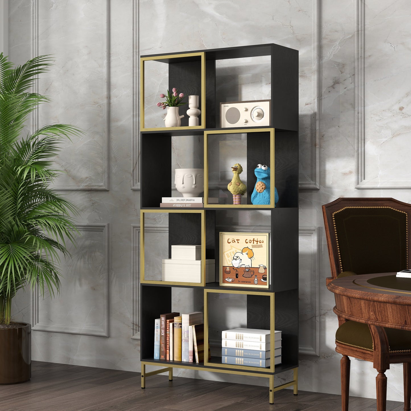 Modern black and gold open bookshelf with decorative items